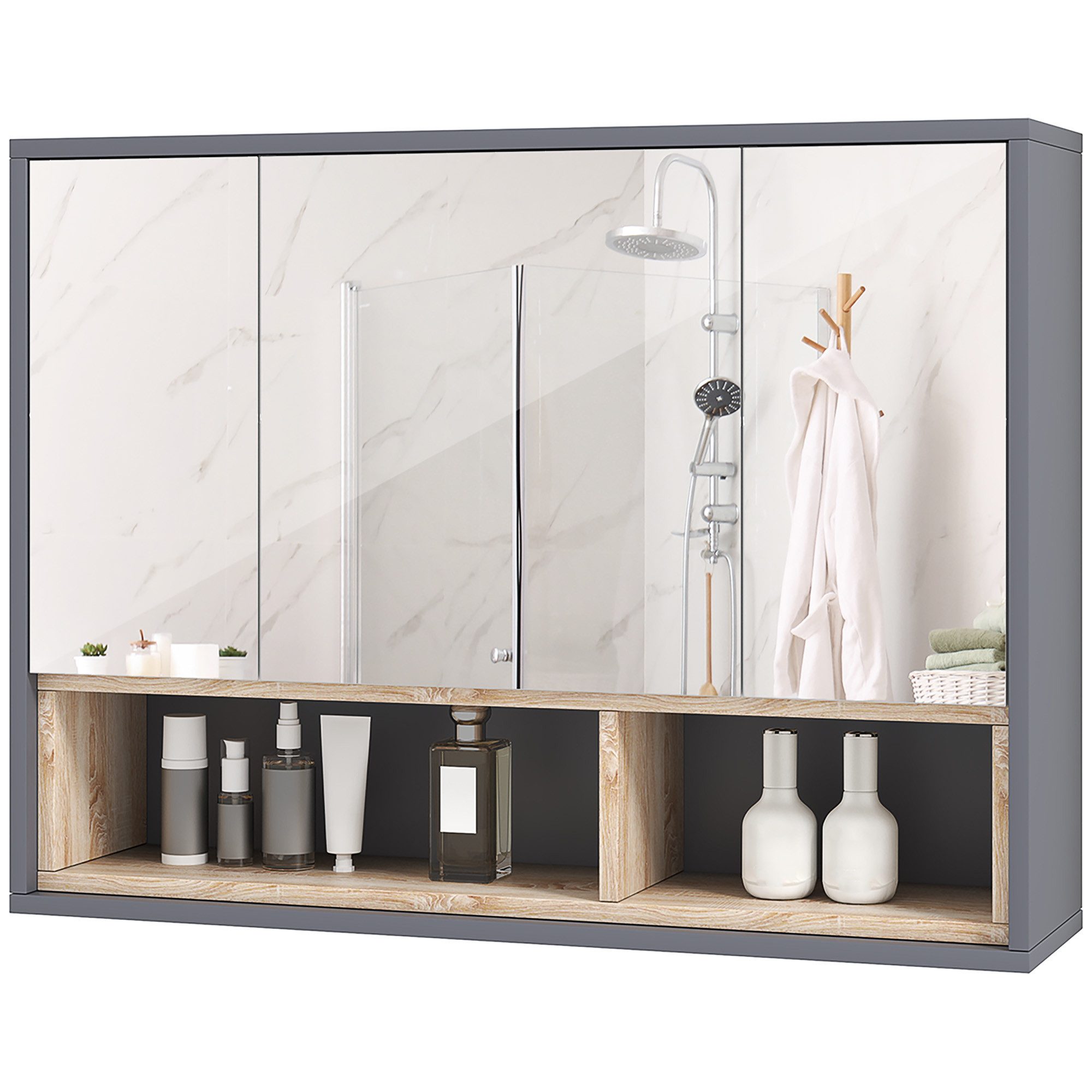 BAYMATE Spiegelschrank Badezimmerschrank mit Spiegel, wandhängender WC-Schrank (mit 3 Türen und 8 Fächern, grau) – Bild 2 von 5