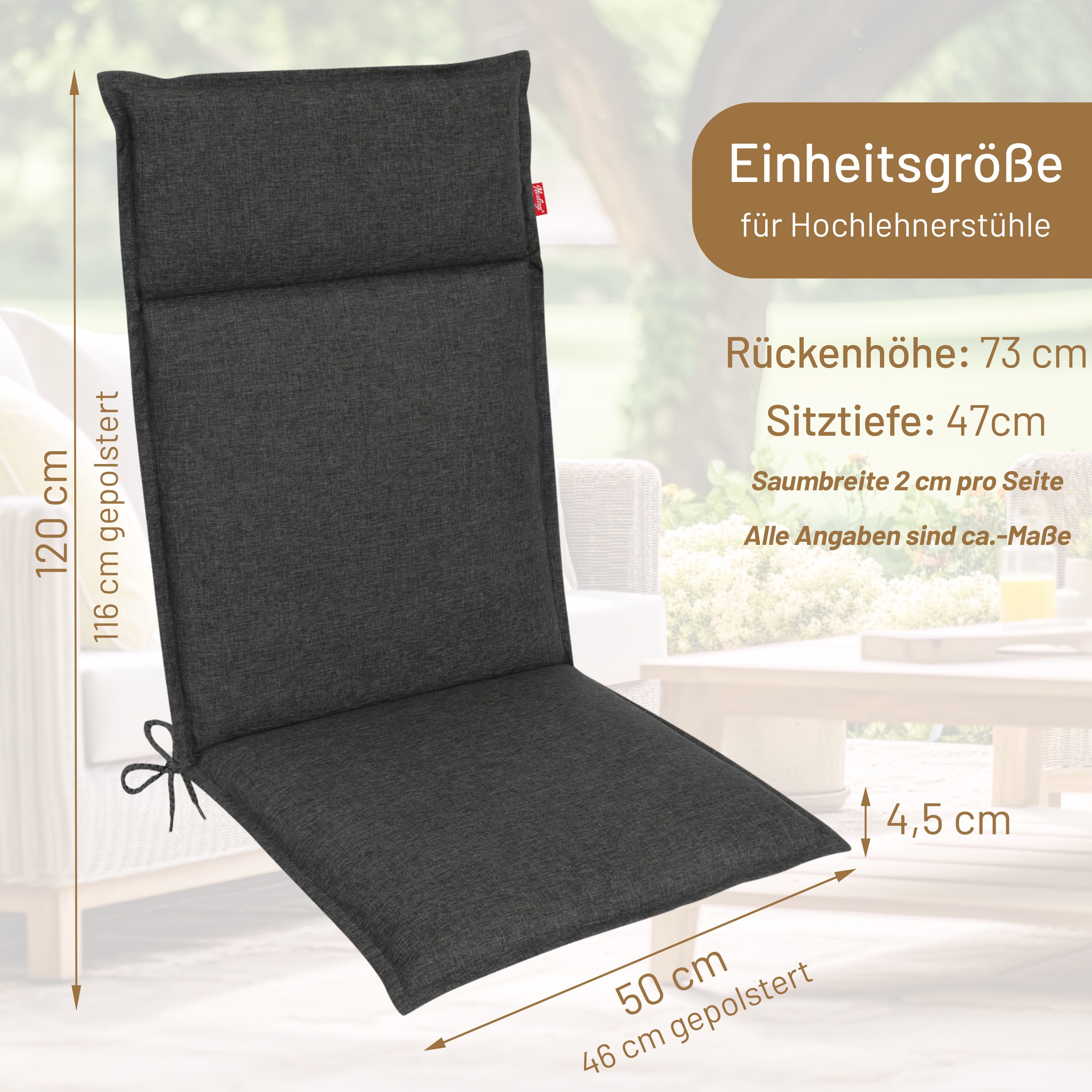 Herlag Hochlehnerauflage Bea Gartenstuhlauflage Hochlehner Wasserabweisend 120x50x4,5cm, (1 St), Polsterauflage für Klappstühle mit UV- & Fleckschutz