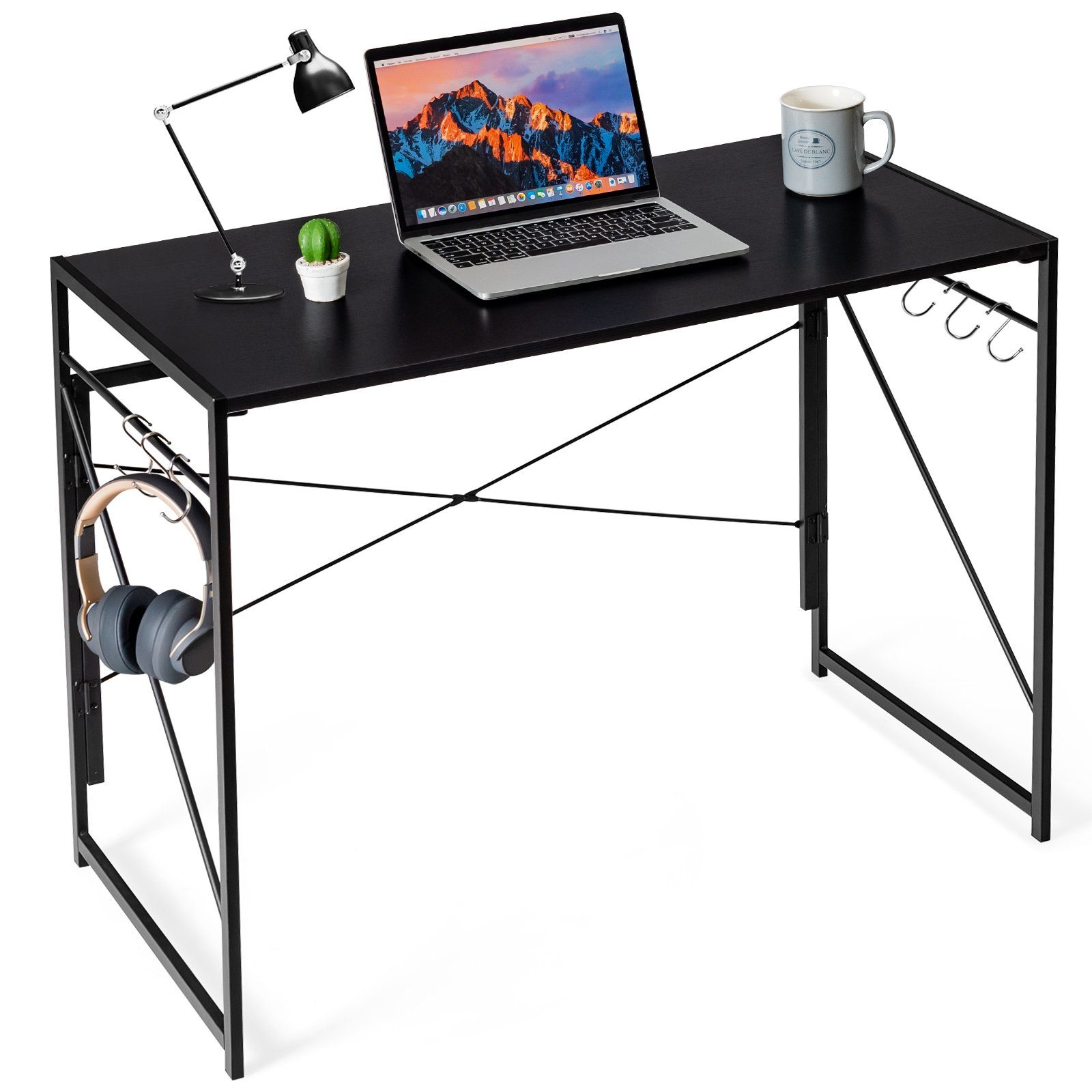 COSTWAY Schreibtisch, klappbar, mit 6 Haken & Metallrahmen, 100x50x75cm Schwarz