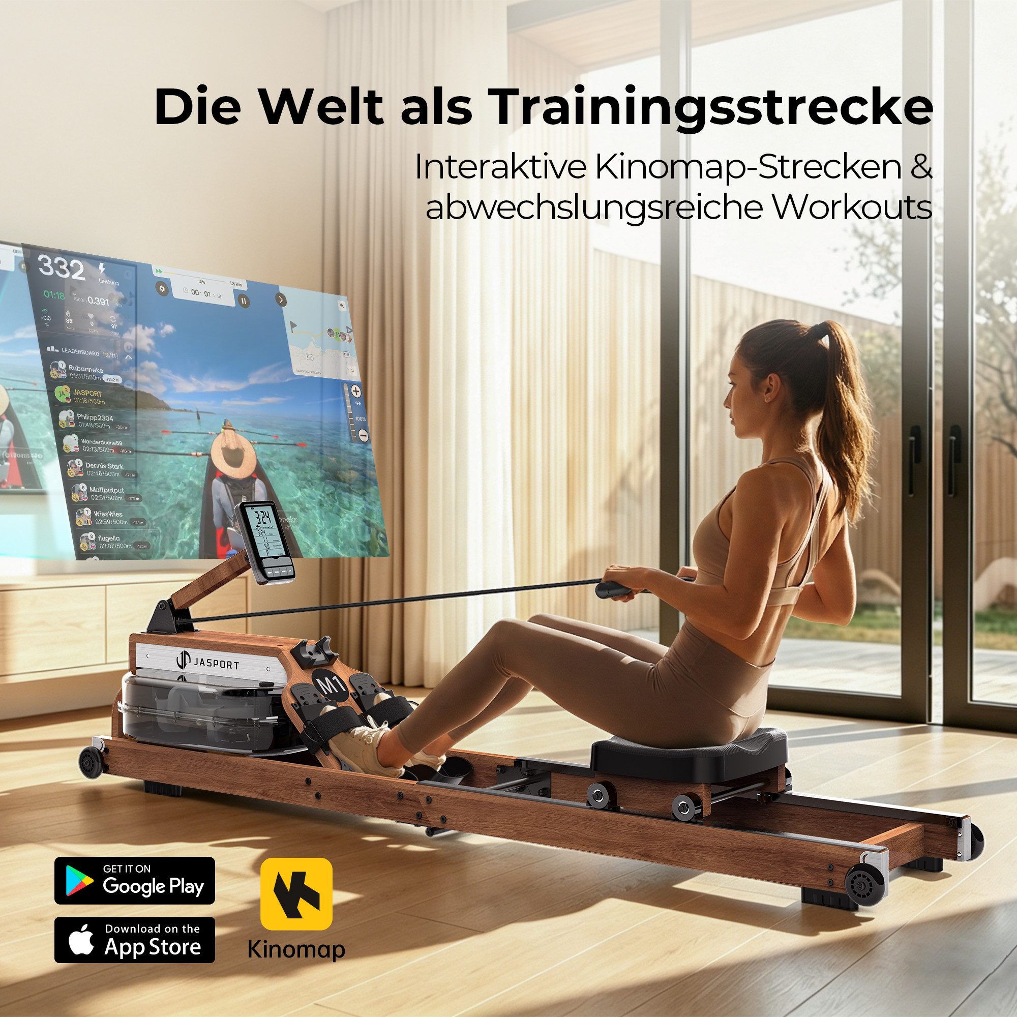 JASPORT Rudergerät M1 Wasserwiderstand aus Holz, klappbar, LCD, für Zuhause, bis 150 kg (Mit Smartphone-/Tablet-Halterung und Transportrollen), FSC-Holz, 20-l-W – Bild 5 von 5