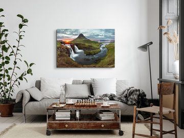 Sinus Art Leinwandbild 120x80cm Wandbild auf Leinwand Island Landschaft Berge Wasserfall Sonn, (1 St)