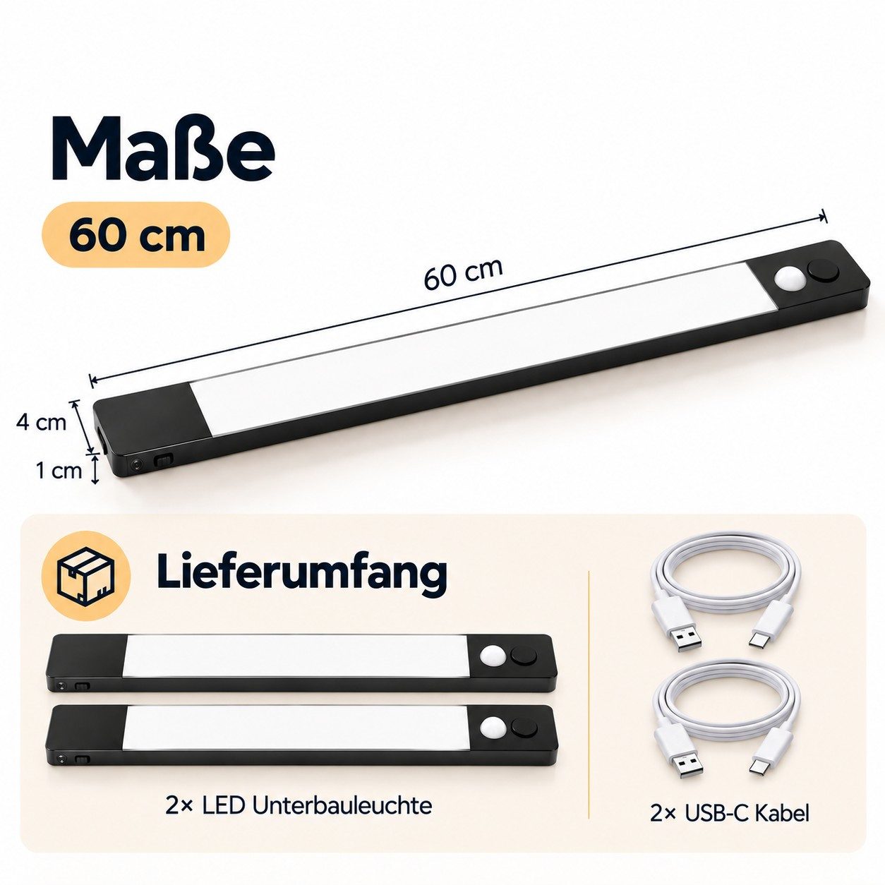 Hanseatic LED Unterbauleuchte 40 cm o. 60 cm / Schrankbeleuchtung / Lichtleiste LUBLUGHK223, Abschaltautomatik, Bewegungsmelder, Dimmer, Dimmfunktion, Ein-/Ausschalter, Sensorschalter, Tageslichtsensor, USB-Ladefunktion, mehrere Helligkeitsstufen, LED fest integriert, Neutralweiß, Akku, 4000 K, mobile Lampe f. Schlafzimmer, Küche, magnetisch