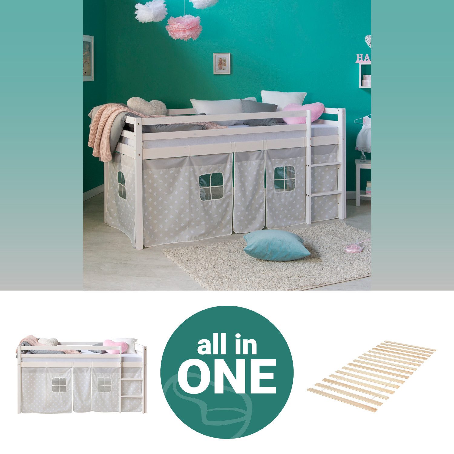 Homestyle4u Hochbett 90x200 Weiß mit Vorhang günstig online kaufen