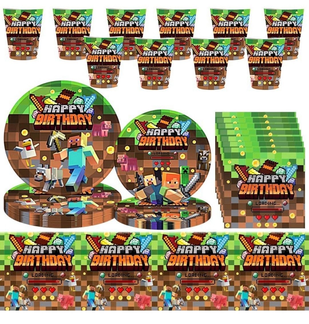 PartyFlamingo Kindergeschirr-Set Minecraft Party Deko Set 10 Gäste Gaming Teller Geburtstag Kinder (52-tlg), 10 Personen