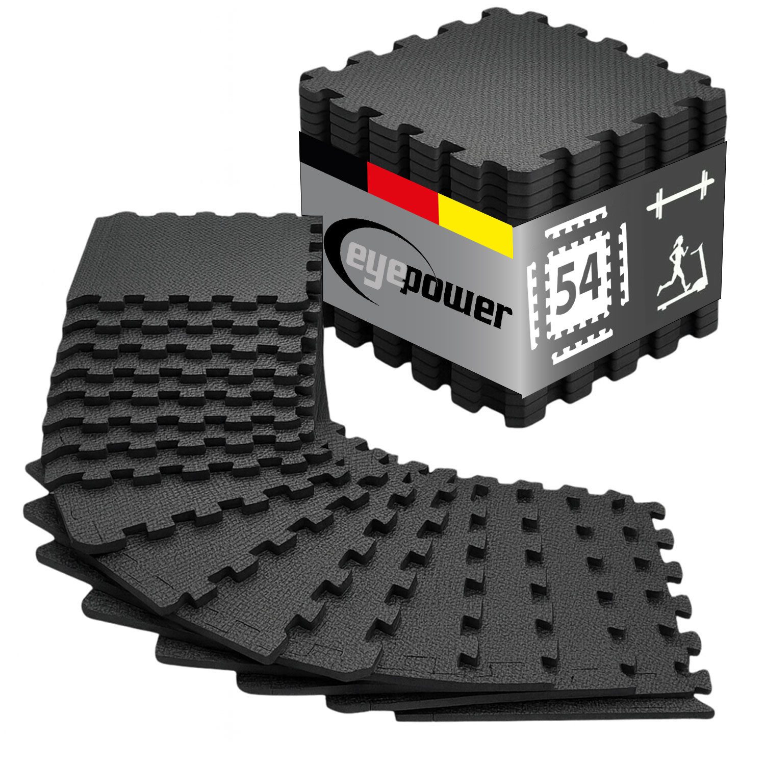eyepower Fitnessmatte XL für Zuhause - 4,8 m² Trainingsmatte mit Rand - 54 Home Gym Matten (54-St), 30 x 30 x 1 cm Bodenschutzmatte Sport und Gymnastik - EVA Bodenmatte