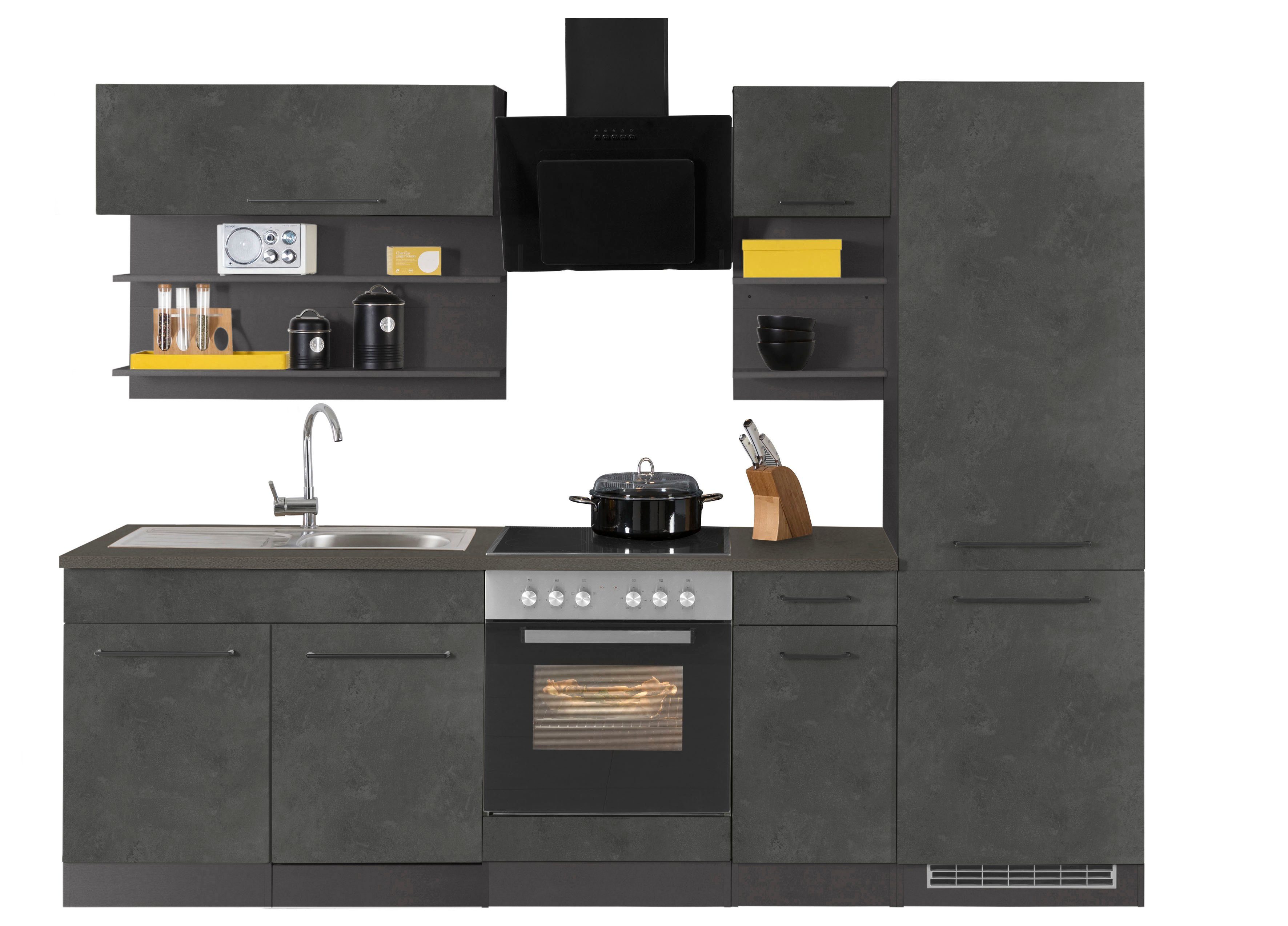 KOCHSTATION Küchenzeile KS-Tulsa, mit E-Geräten, Breite 270 cm, schwarze Metallgriffe, MDF Fronten