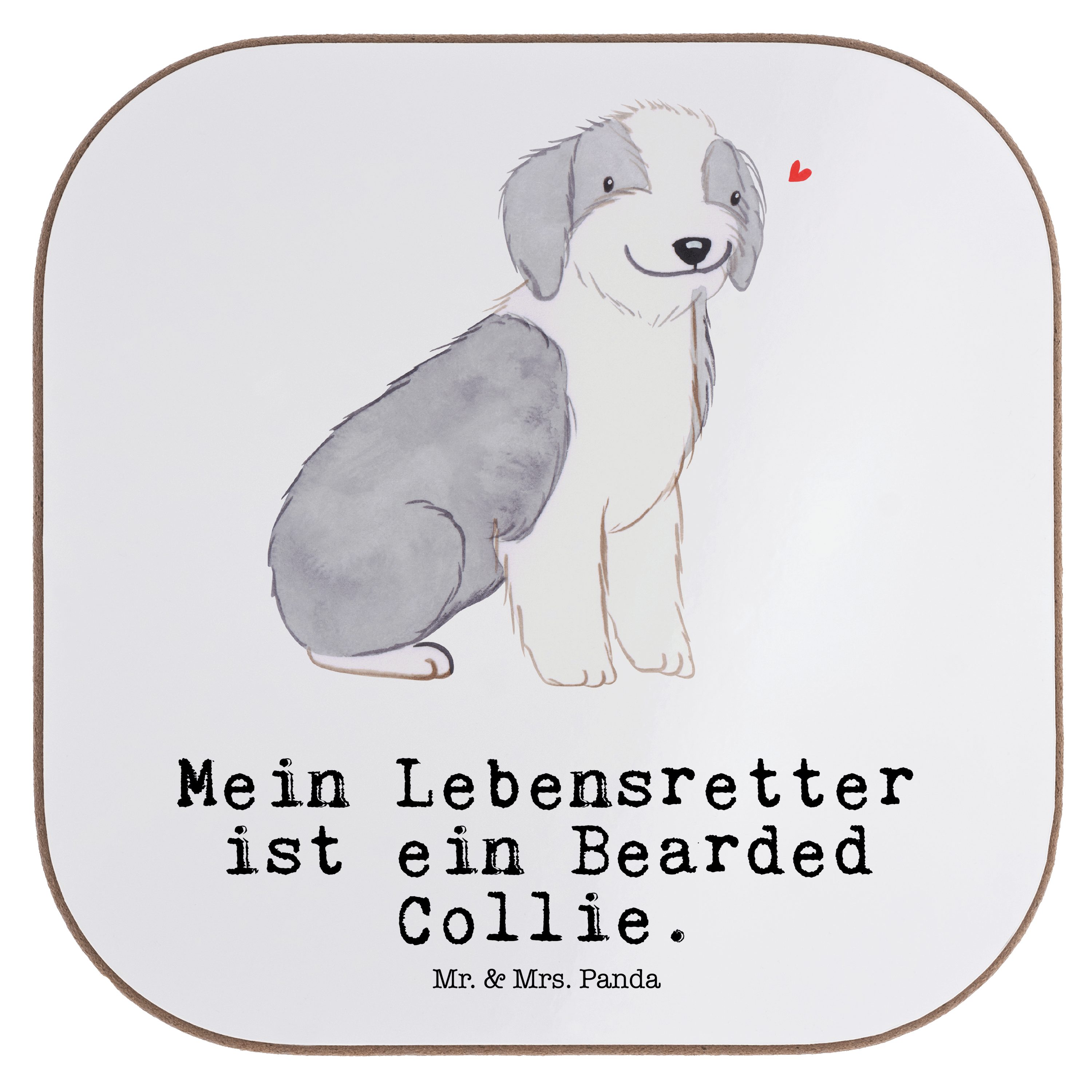 Mr. & Mrs. Panda Getränkeuntersetzer Bearded Collie Lebensretter - Weiß - Geschenk, Untersetzer Gläser, We, 1-tlg.