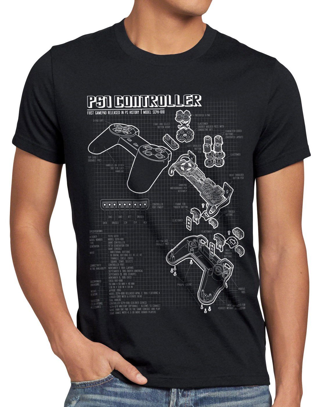 style3 Print-Shirt Herren T-Shirt PS1 Controller Blaupause PS gamepad konsole classic gamer schwarz