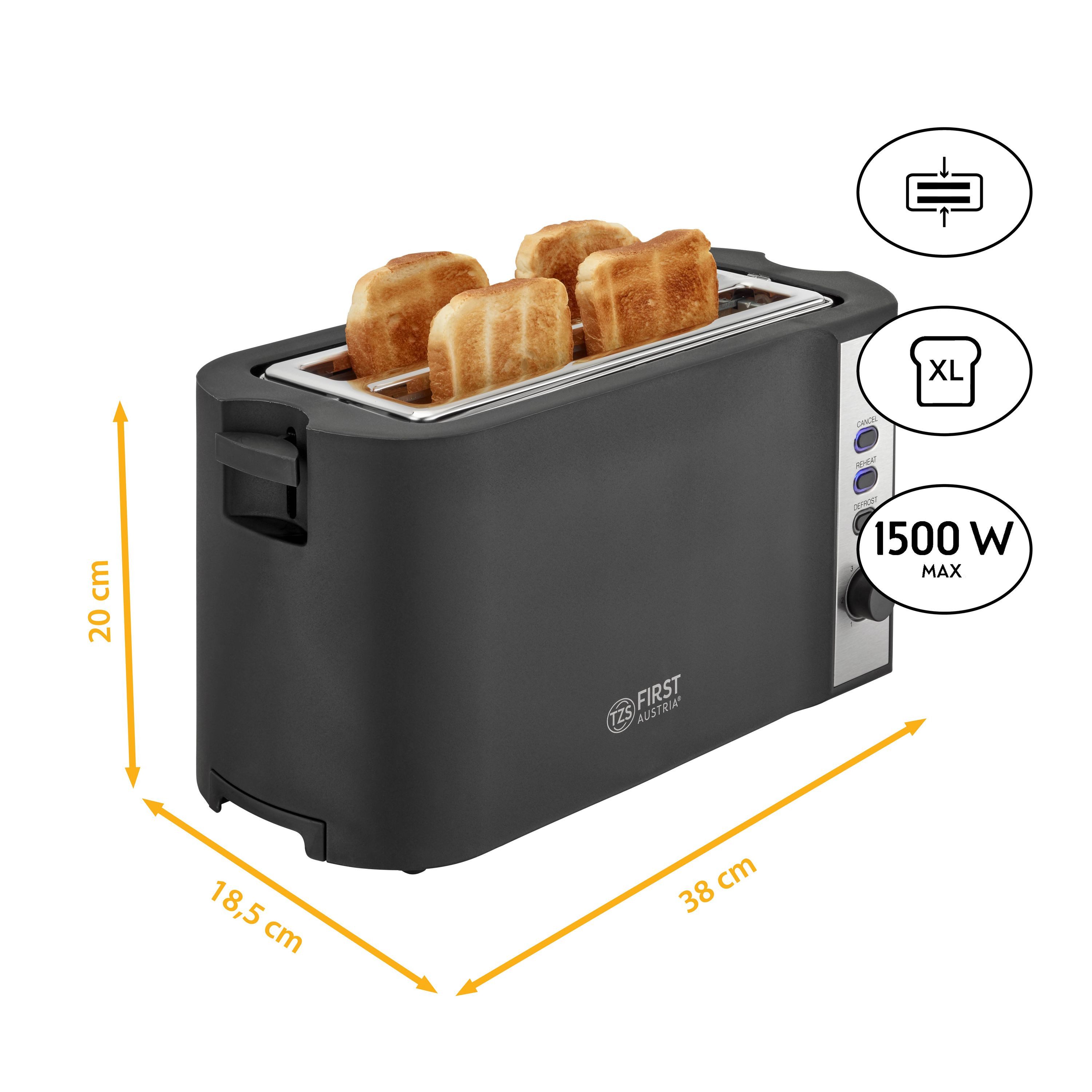 TZS FIRST AUSTRIA Toaster 4-Scheiben-Toaster, Brotzentrierung, Langschlitz, 1200-1500W, für Küche/Haushalt, 1250 W, Brötchenwärmer, Krümelfach, Bräunungsgrade: 6, Auftau- Aufwärmfunktion