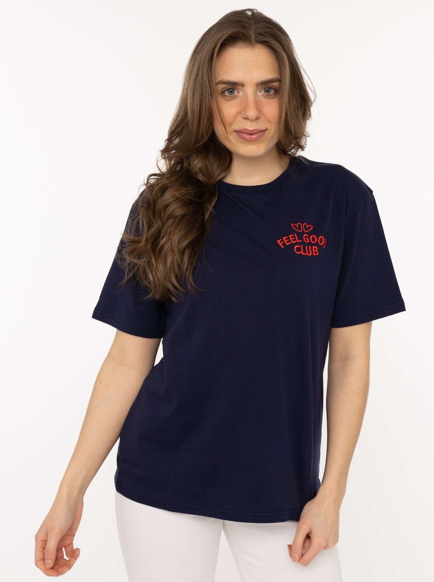 Zwillingsherz T-Shirt "Feel Good Club" Rundhals, einfarbig, kleine Stickerei vorne