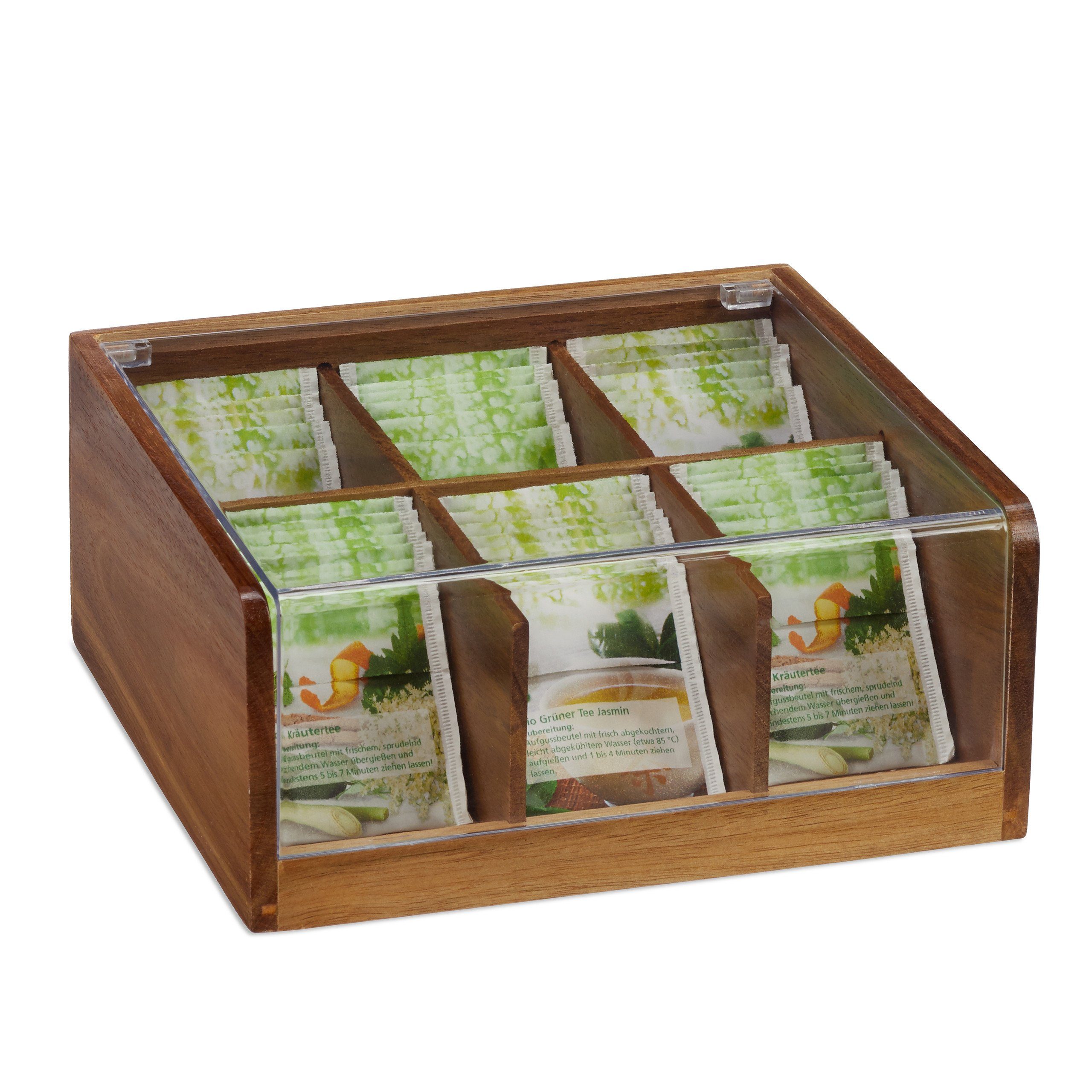 mit relaxdays Fächern, Holz 6 Teebox Holz Teebox