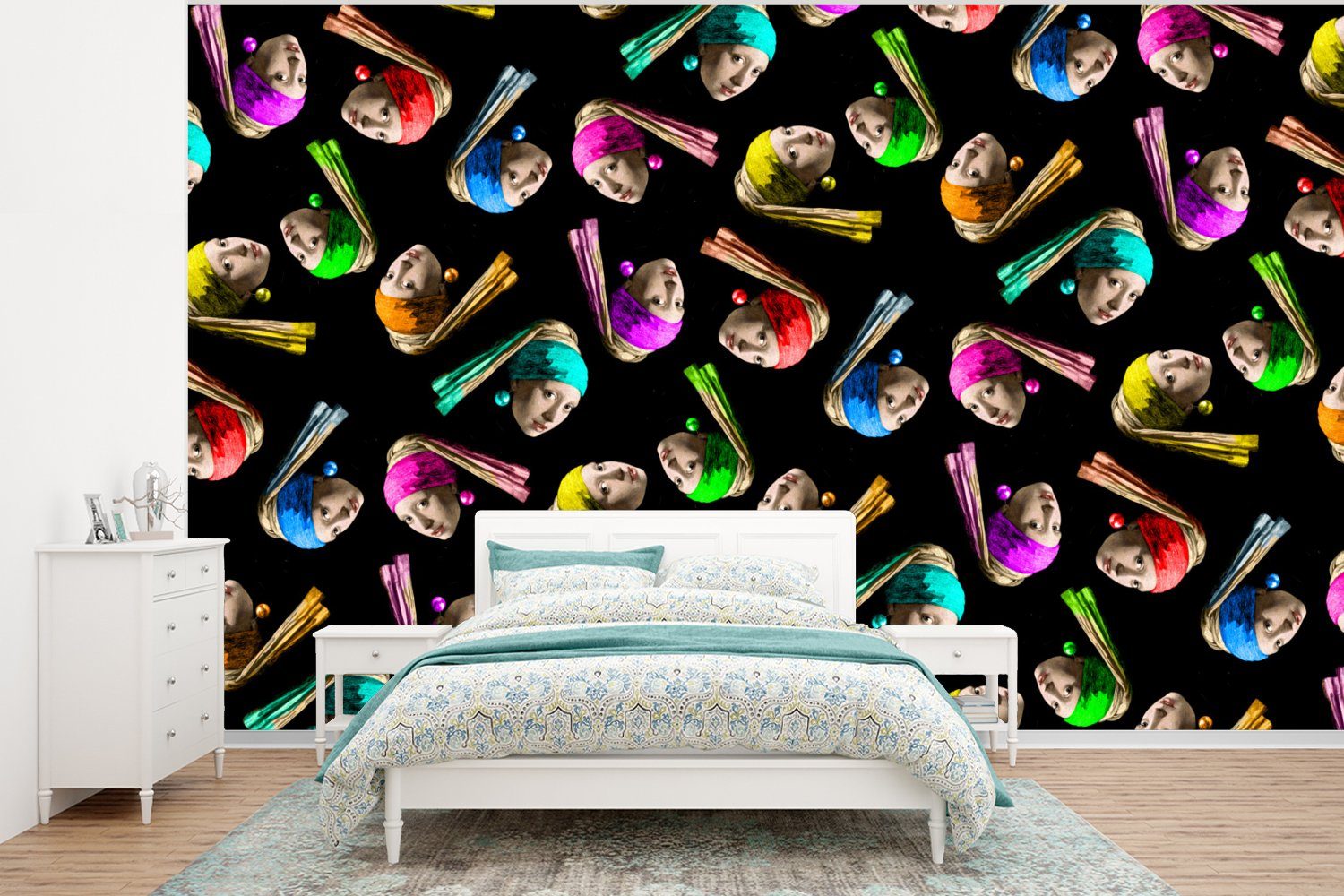 MuchoWow Fototapete Muster - Regenbogen - Mädchen mit einem Perlenohrring, Matt, bedruckt, (6 St), Wallpaper für Wohnzimmer, Schlafzimmer, Kinderzimmer, Vinyl Tapete