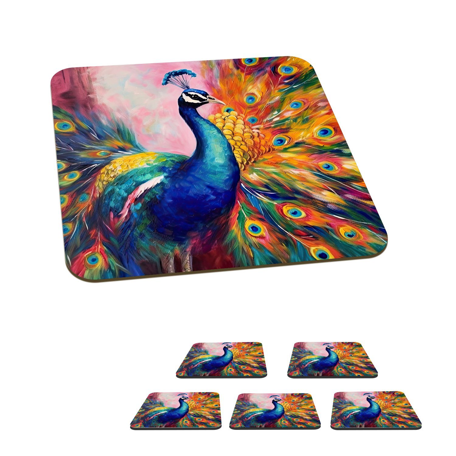 MuchoWow Glasuntersetzer Pfau - Tiere - Malerei - Regenbogen, Zubehör für Gläser, 6-tlg., Glasuntersetzer, Tischuntersetzer, Korkuntersetzer, Untersetzer, Tasse