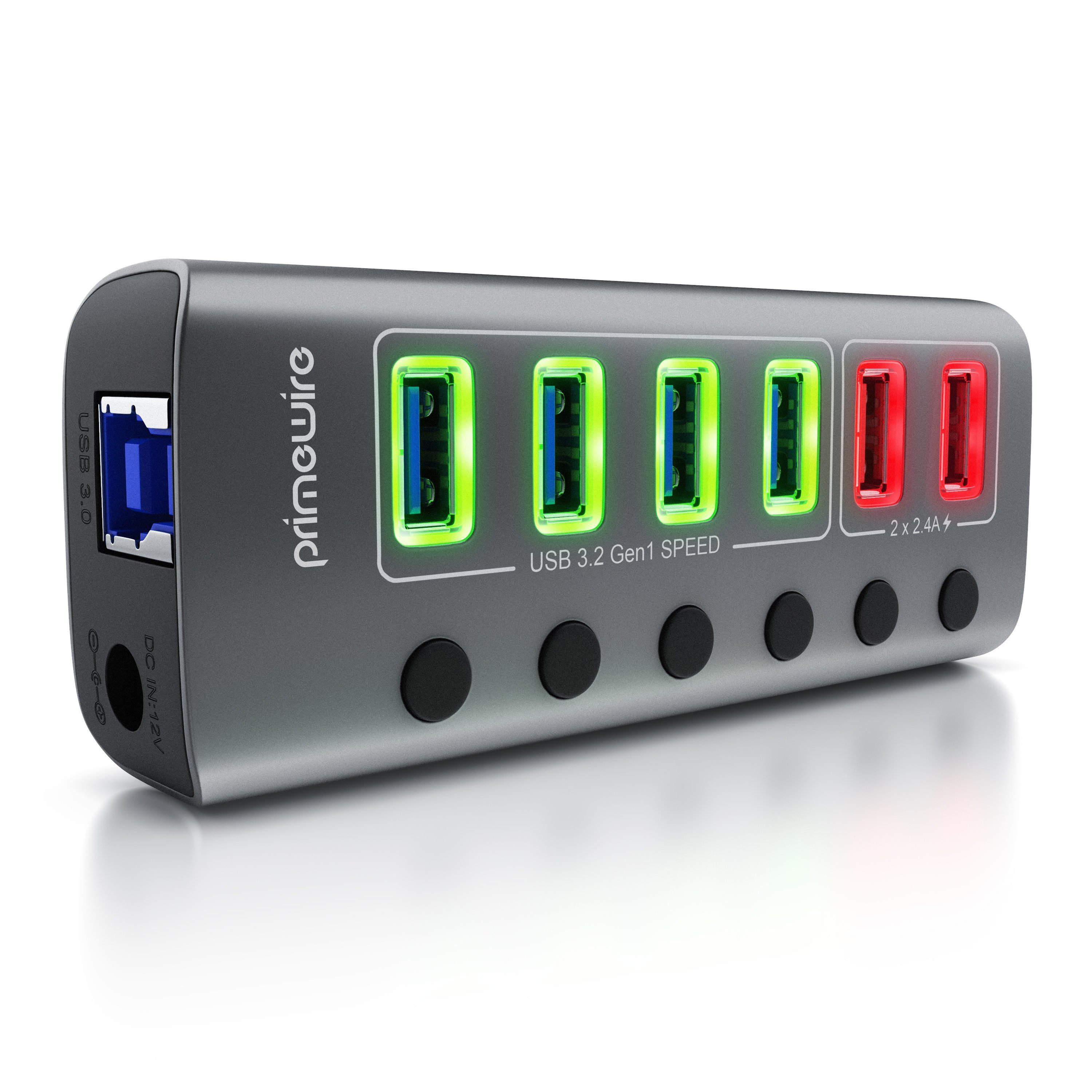 Primewire USB 3.2 Hub 6-Port aktiv mit Netzteil USB-Adapter USB-A zu USB-A, 120 cm, USB 3.2 Gen1 Hub, 6 Port Verteiler aktiv mit Netzteil, 5 Gbit/s