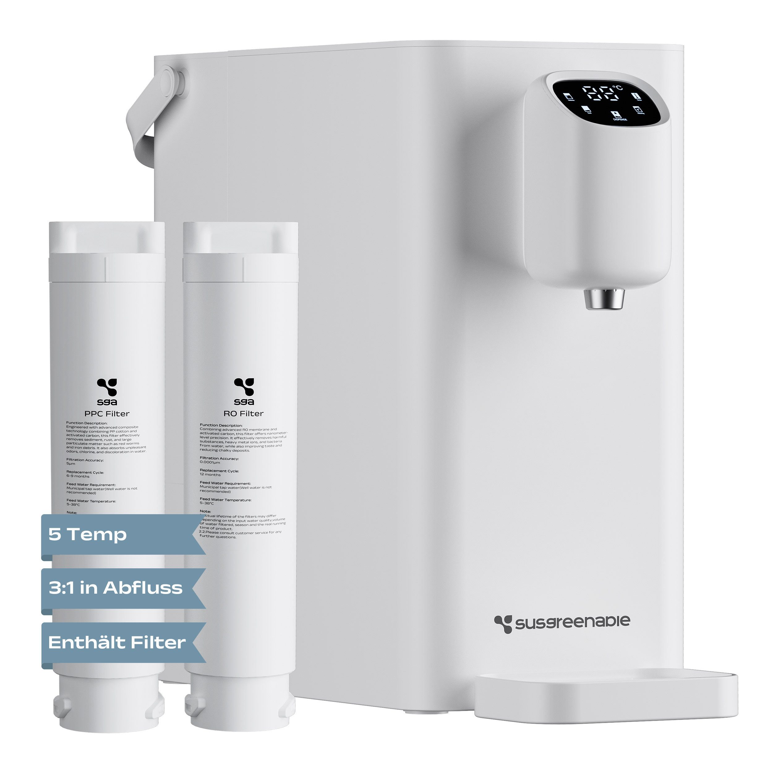 susgreenable Osmoseanlage 4-stufiges Filtersystem Tragbarer Wasserfilter 3S Heißwasser, ohne Festwasseranschluss-Anschluss, für kaltes Wasser, Umkehrosmoseanlage Wasserreiniger mit 3:1 Rein zu Abwasser Trinkwasser