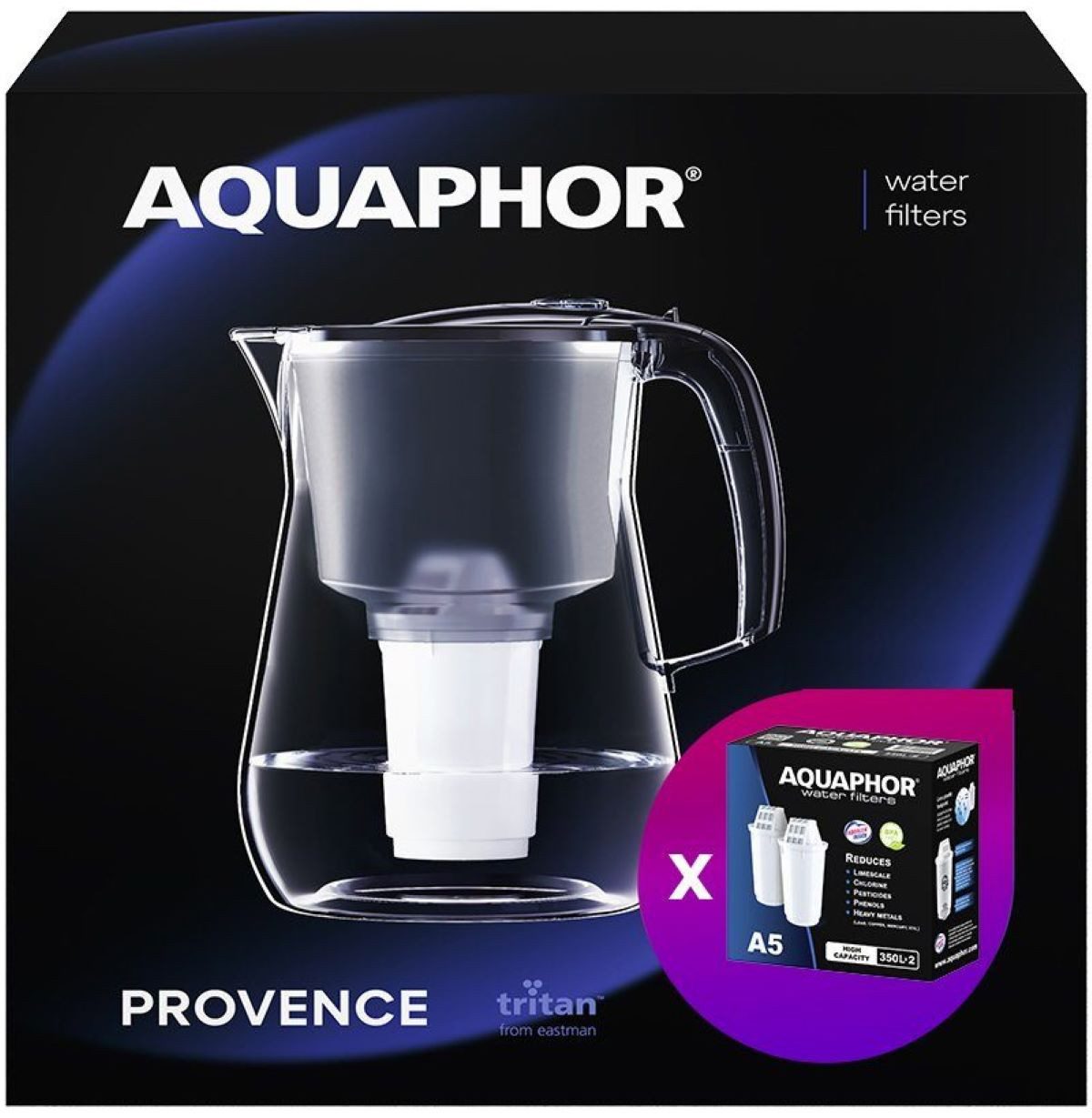AQUAPHOR Wasserfilter Provence, schwarz. Set mit 2x A5 Фильтрыkartuschen, Zubehör für Фильтрыkartuschen AQUAPHOR A5, A5H hartes Wasser & A5 Magnesium, Reduziert Kalk, Chlor & weiteren Stoffen, BPA frei