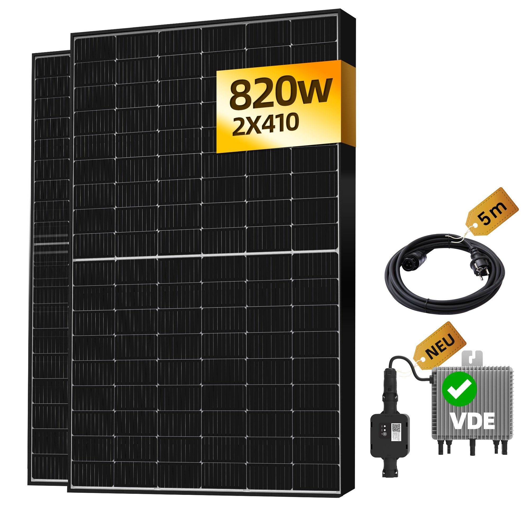 E.For.U Solarmodul Balkonkraftwerk 820W, 800W Komplett Steckdose, 800,00 W, Monokristallin, (mit 2x 410W Solarmodule, Wechselrichter Deye 800W mit Wifi-App, 600W/800W einstellbar), 0% MwSt | Solarmodule