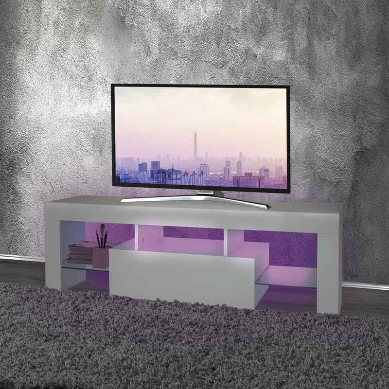 ML-DESIGN Lowboard TV Lowboard Fernsehtisch Fernsehschrank TV-Möbel TV-Schrank TV-Regal, Holz mit LED-Beleuchtung Glasregal Modern 130x49x45cm Weiß
