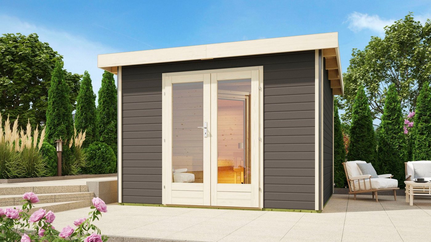 Thumbnail - KONIFERA Saunahaus Maiko 1 SET B, BxTxH: 309 x 309 x 229,5 cm, 38 mm, terragrau, mit Ofen 9 kW ext. Steuerung