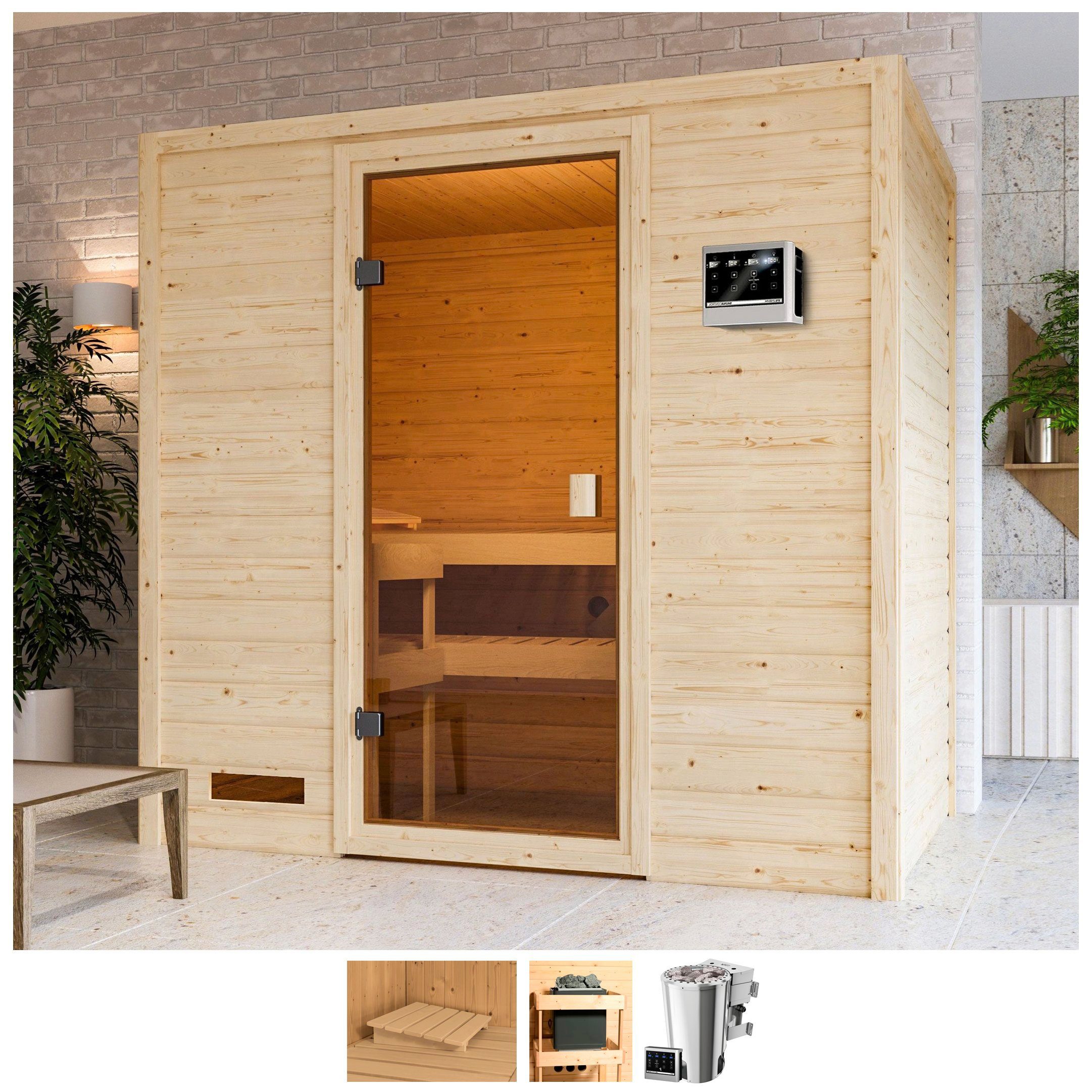 welltime Sauna Sunie, BxTxH: 195 x 145 x 187 cm, 38 mm, 3,6-kW-Bio-Plug & Play Ofen mit ext. Steuerung