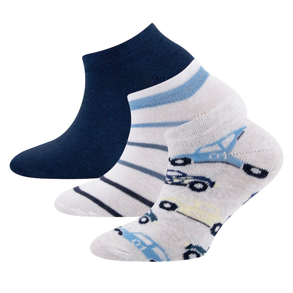 Sneakersocken Ewers Jungen Sneaker Strümpfe 3er Pack Auto Ringel Uni grau