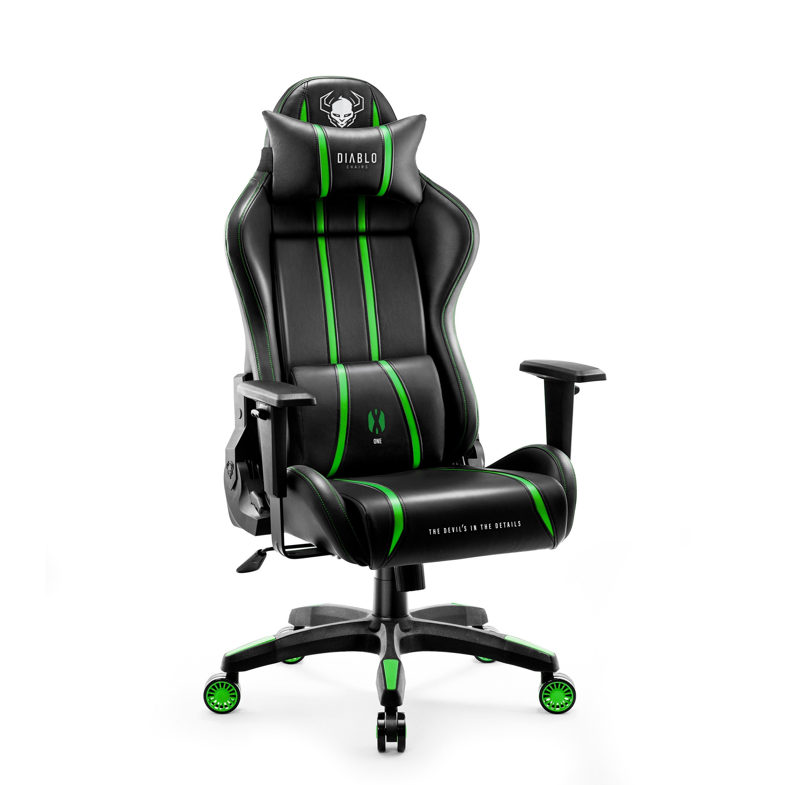 DIABLO CHAIRS Gaming-Stuhl X-One 2.0 HDS Ökoleder ergonomisch TiltTech Armlehnen Kopfstütze (Klasse-4-Gasfeder, Gummiräder bodenschonend, Kids S Normal L King XL), Lendenkissen Wippfunktion Metallbasis 3 Größen