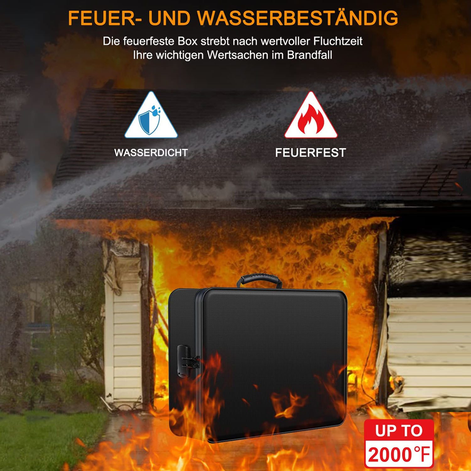 SURFOU Dokumententasche Dokumentenbox, Feuerfeste Dokumentenmappemit Schloss, Ordner (Sichere Aufbewahrungslösung aus hitzebeständigem Fiberglas (bis 2000°F), 1-tlg., Mit mit 7 Fächern, Passwortschloss, wasserdicht & tragbar), 36 x 10 x 26,9 cm, für Dokumente, Karten, USB u.v.m.