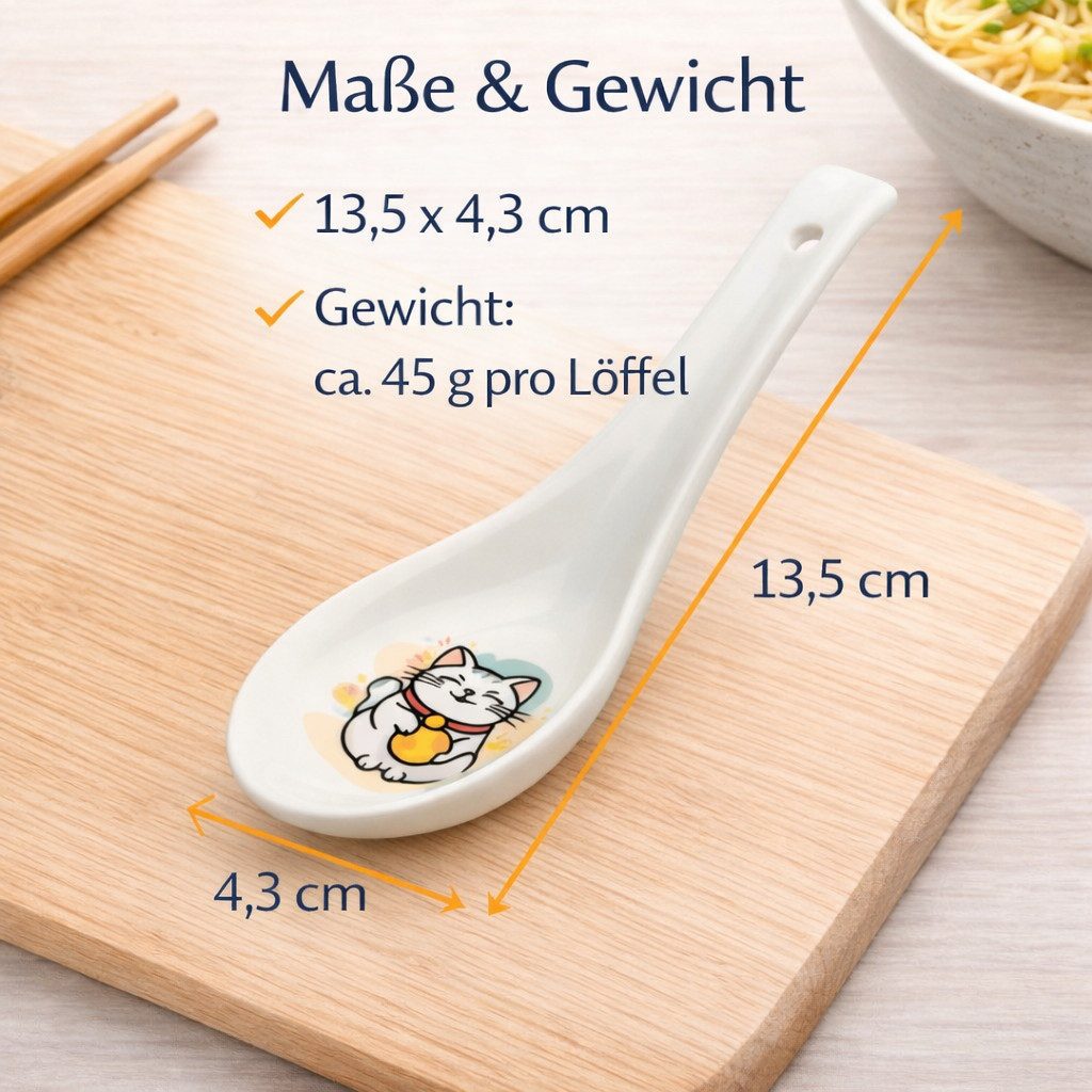WestCraft Suppenlöffel Glückskatze Porzellanlöffel 3er Set für Ramen, Suppe, Reis & Dessert (3 Stück), Mit 3 Maneki Neko Motiven, lebensmittelecht & alltagstauglich