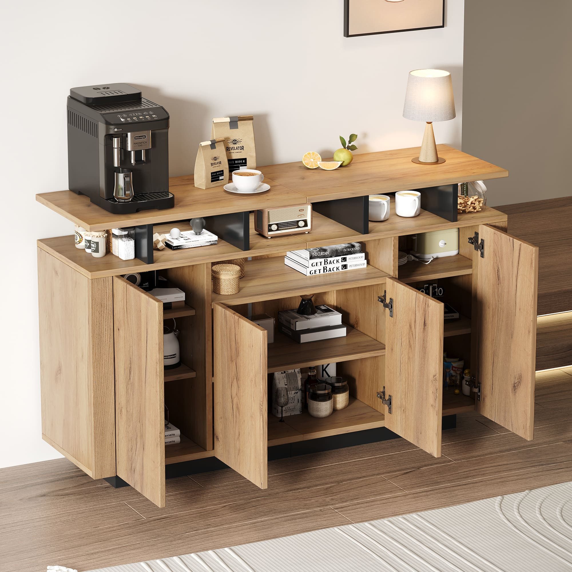 Ulife Anrichte Sideboard 120cm mit 4 Türen + 3 offenen Fächern (Naturholz)