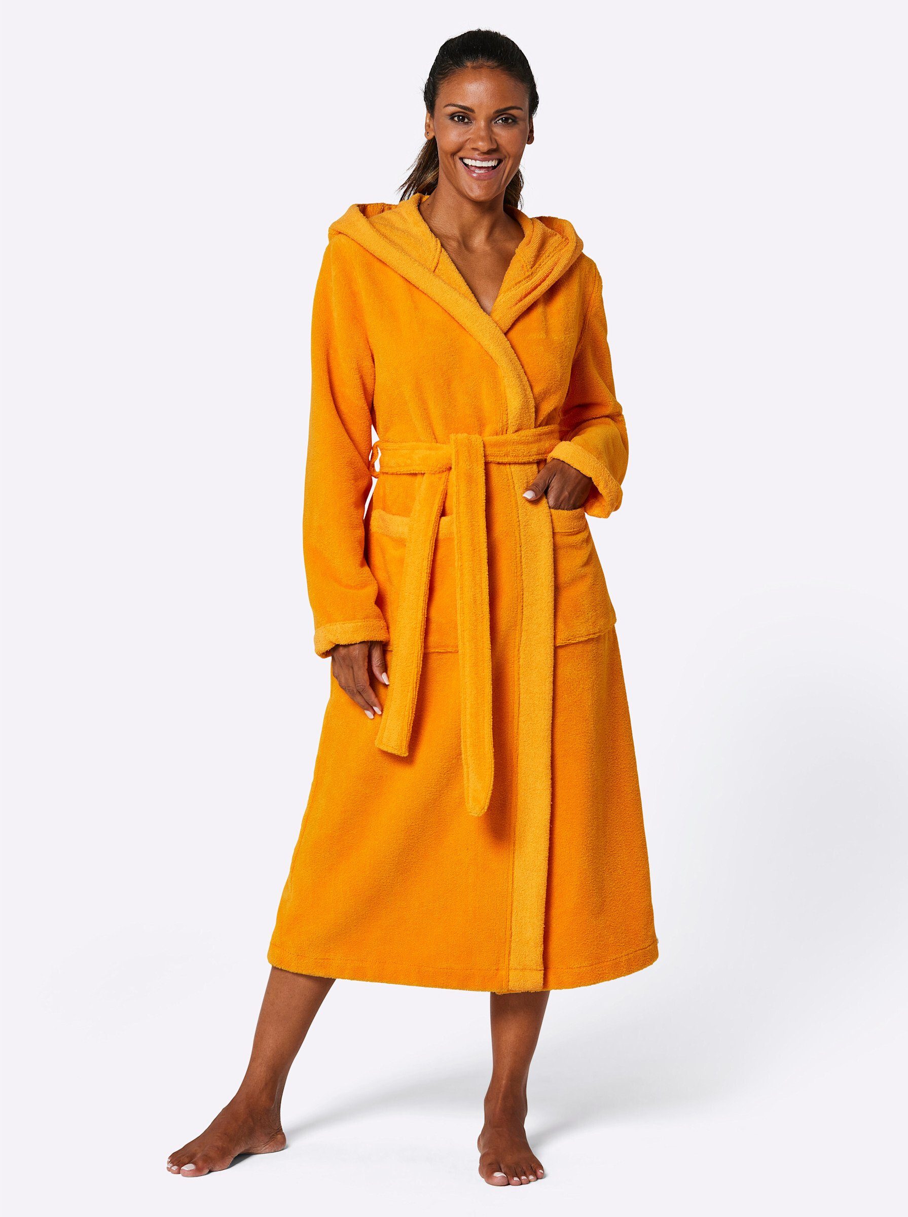 Plantier Damenbademantel Bademantel Langarm, Länge ca. 115 cm, Baumwolle, Bindeband