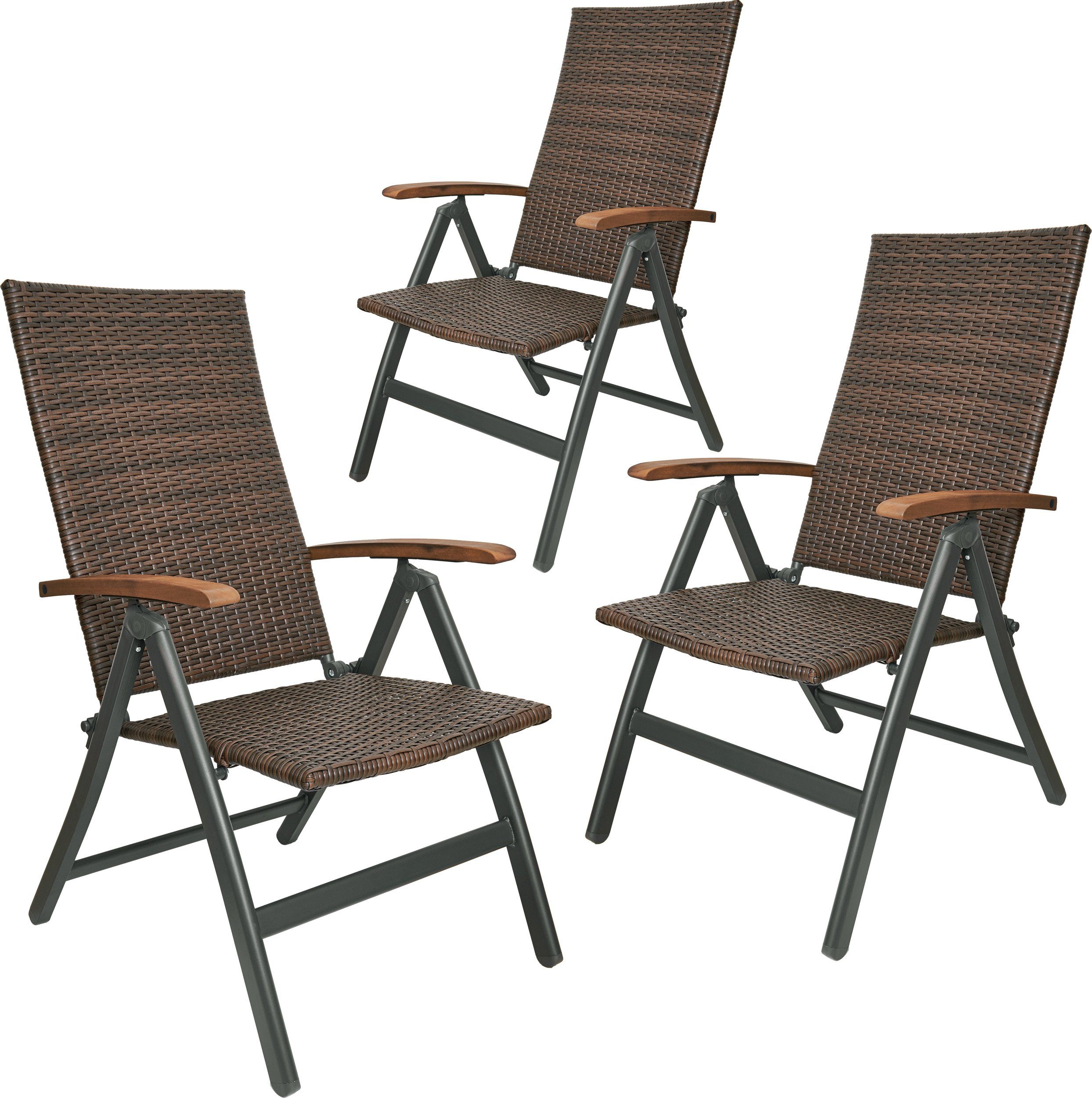 BRUBAKER Gartenstuhl Polyrattan Stuhl - Modena - klappbarer Hochlehner Campingstuhl (Wetterfest für Garten, Balkon, Terrasse - Braun Grau, 3 St), Klappstuhl aus Metall & Poly Rattan - 7-Fach verstellbare Rückenlehne