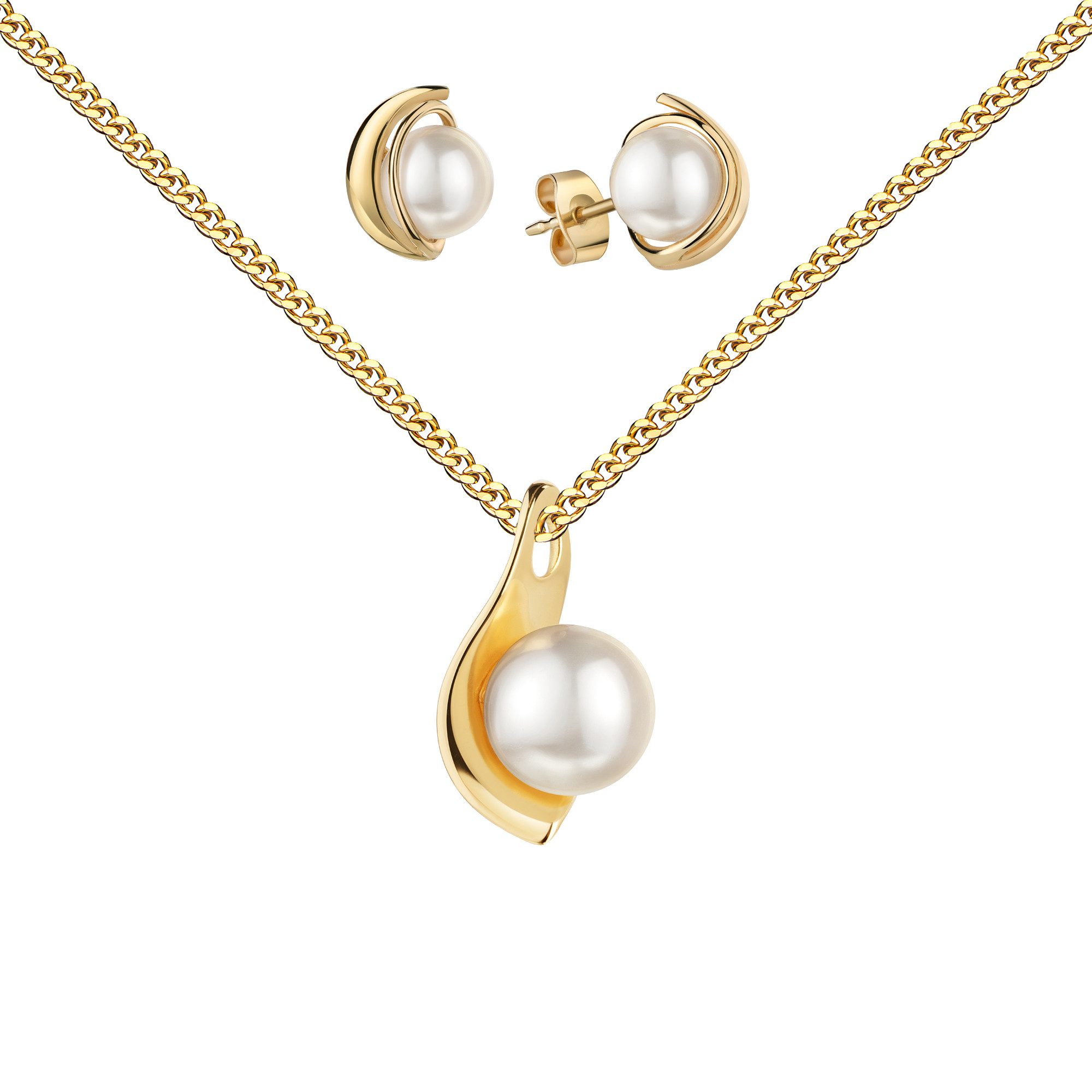 Valentinstagsgeschenk JEVELION Schmuckset Süßwasser-Perlen-Anhänger + 2 Ohrstecker 585 Gold - Made in Germany (Goldanhänger + Gold-Ohrschmuck, für Dam