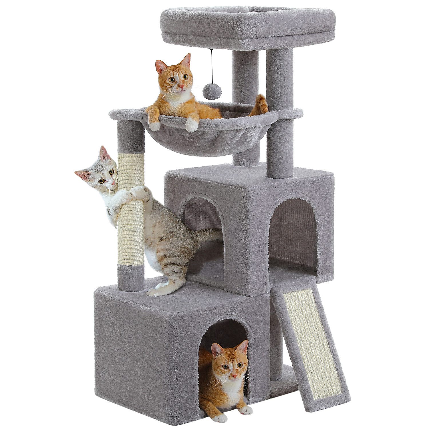 PAWZ Road Kratzbaum Kratzbaum 104cm Katzenbaum mit 2 geräumigen Höhle für Wohnungskatzen, gepolsterter Sitzstange, Kratzpad und abziehbarer Spielball grau