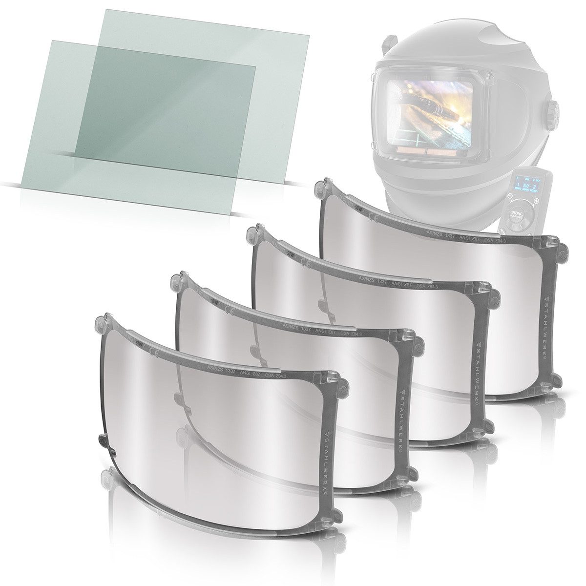 STAHLWERK Schweißhelm Vorsatzscheiben 6er Set – Innen-Ersatzgläser für Schweißhelm MASTER (Set, 4-tlg., Set), Schweißer-Gripzangen inklusive Transportkoffer