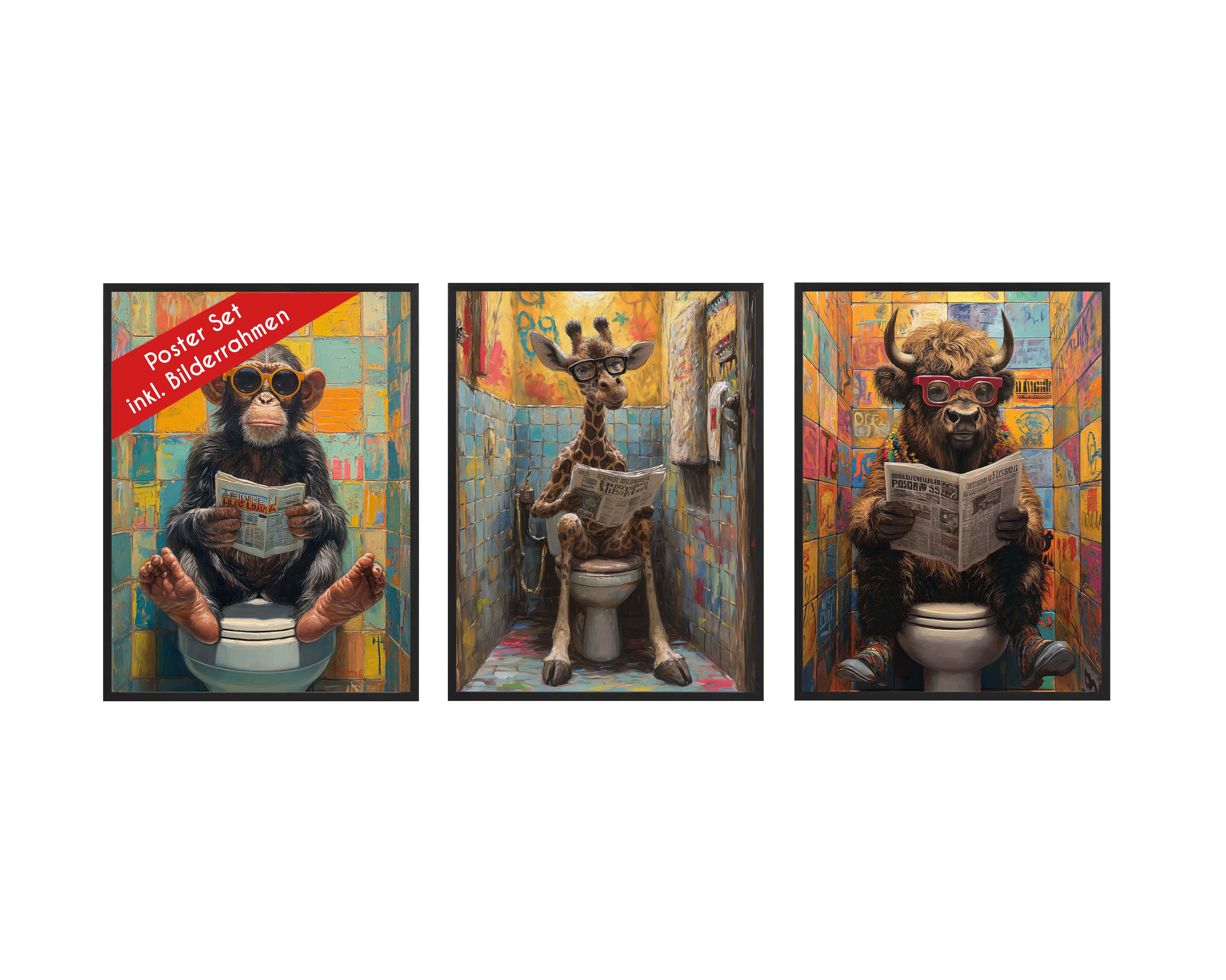 Wackadoo Living Poster Set inklusive Bilderrahmen, WC Art (3er Set aus italienischem Holz), Bildformat 30 x 40 cm