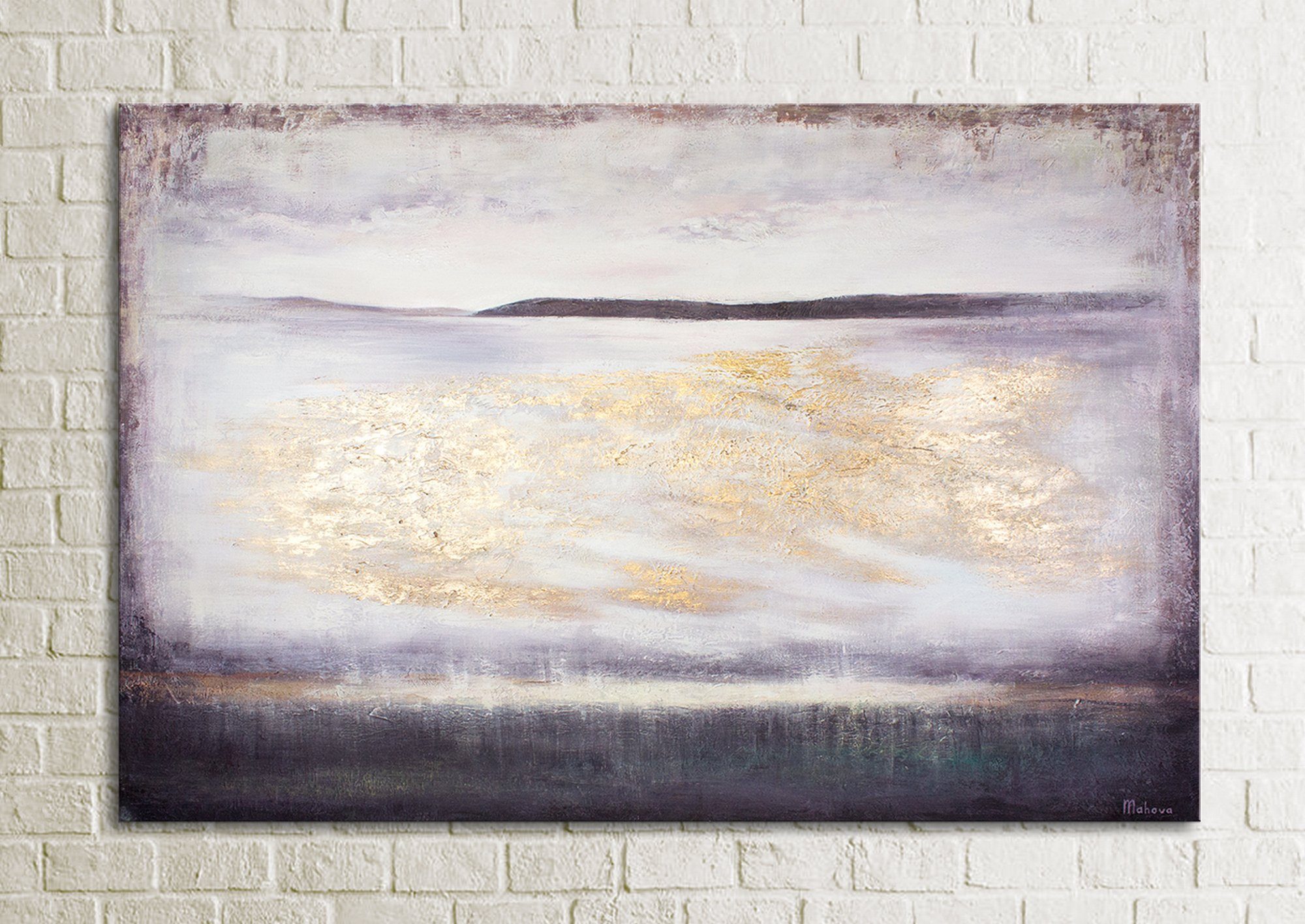 Gold Strand YS-Art Gemälde Landschaft, Handgemalt Geräumig, Wasser Leinwand Meer Bild