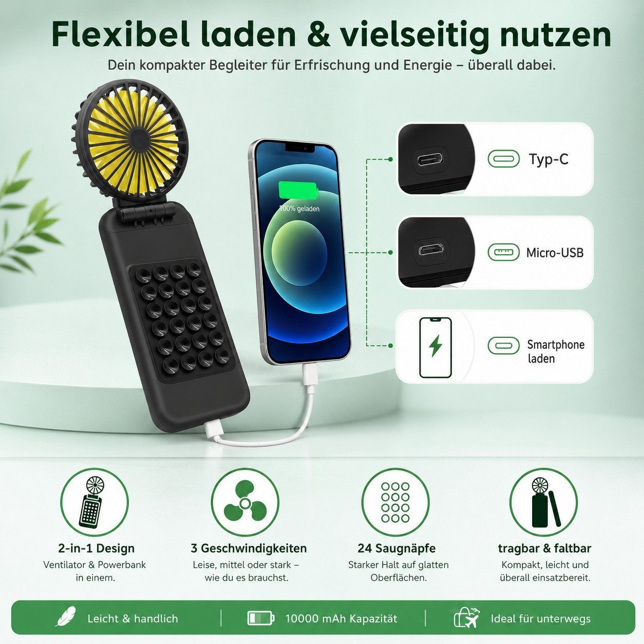 Bravedge Akku-Ventilator Reise Verntilator 10.000 mAh bis 40 Stunden Laufzeit, Powerbank mit Saugnapf, 3 einstellbare Geschwindigkeiten