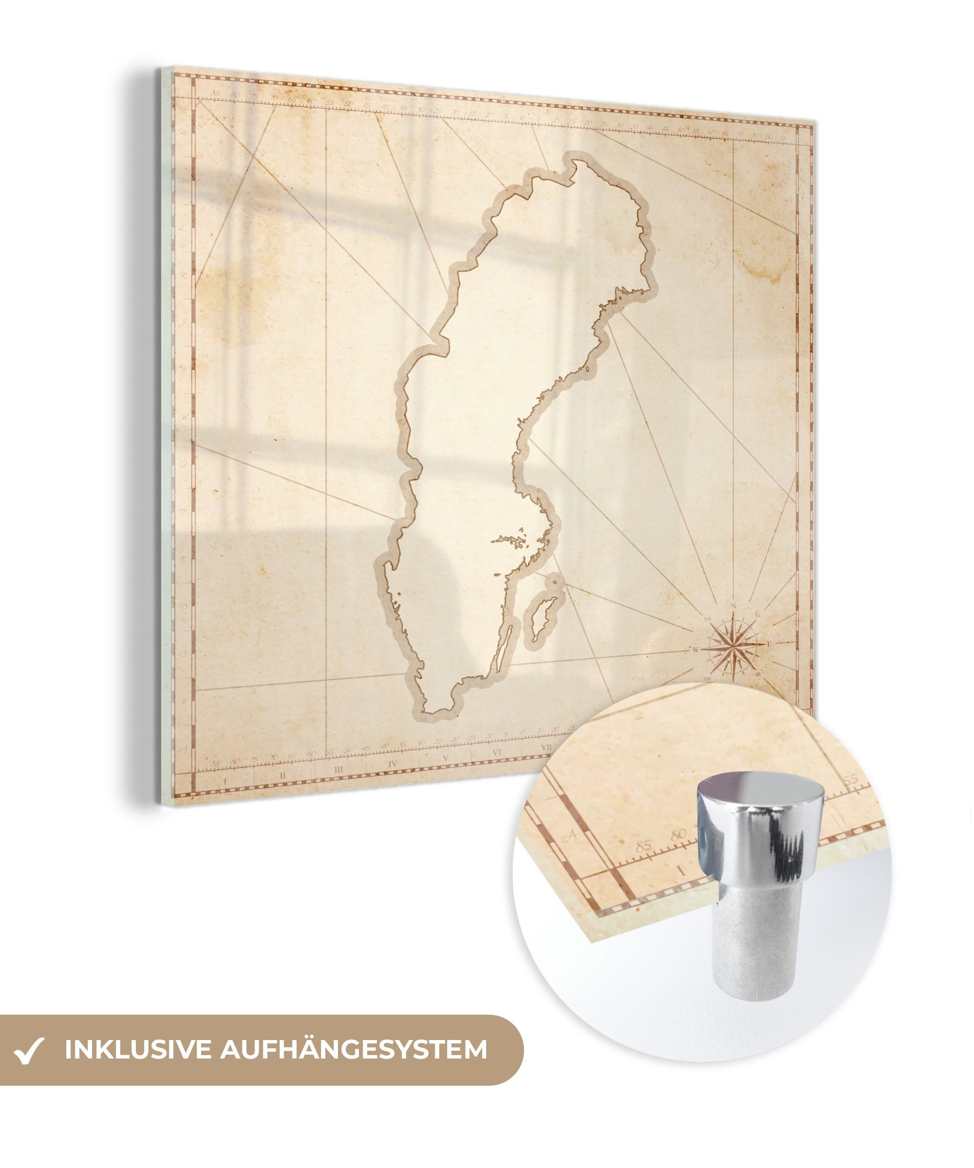 MuchoWow Acrylglasbild Abbildung von Schweden auf einer alten Karte, (1 St), Glasbilder - Bilder auf Glas Wandbild - Foto auf Glas - Wanddekoration