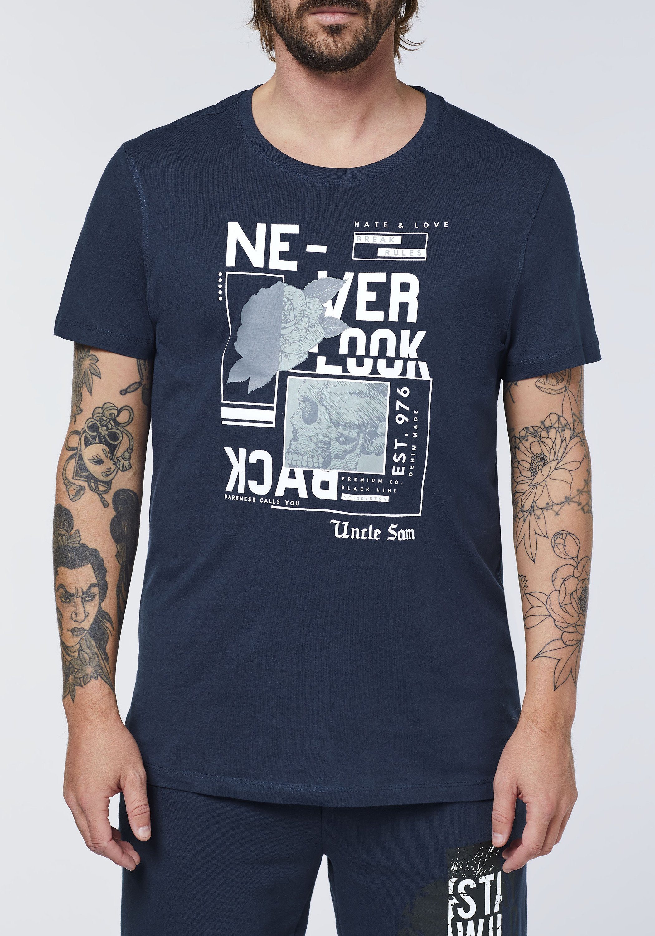 Uncle Sam Print-Shirt BACK Blazer NEVER Navy Schriftzug mit LOOK 19-3923