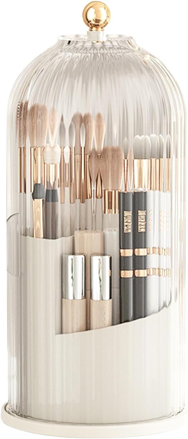 MOPUEA Make-Up Organizer Make-up-Pinselhalter l 360° drehbar transparent staubdicht mit Decke, Make-up Pinselhalter Organizer mit Deckel für Kosmetik, 360 Grad drehbarer Make-up Pinselhalter staubdicht, 360 Grad drehbar staubdicht transparent 3 Fächer Organizer