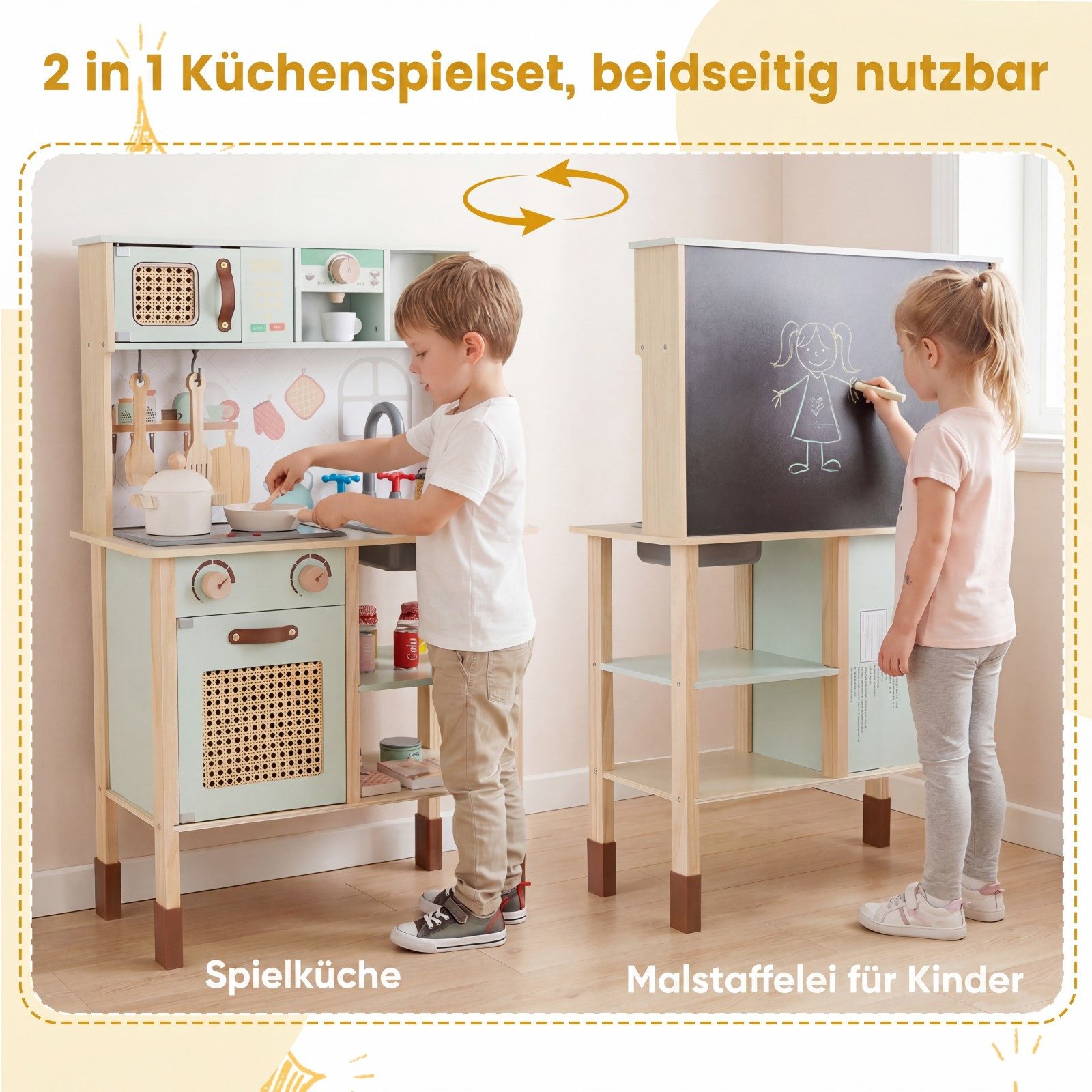 KOMFOTTEU Spielküche, mit Rattantüren, Holzbeinen & Schutzkappen, Licht- & Soundeffekten