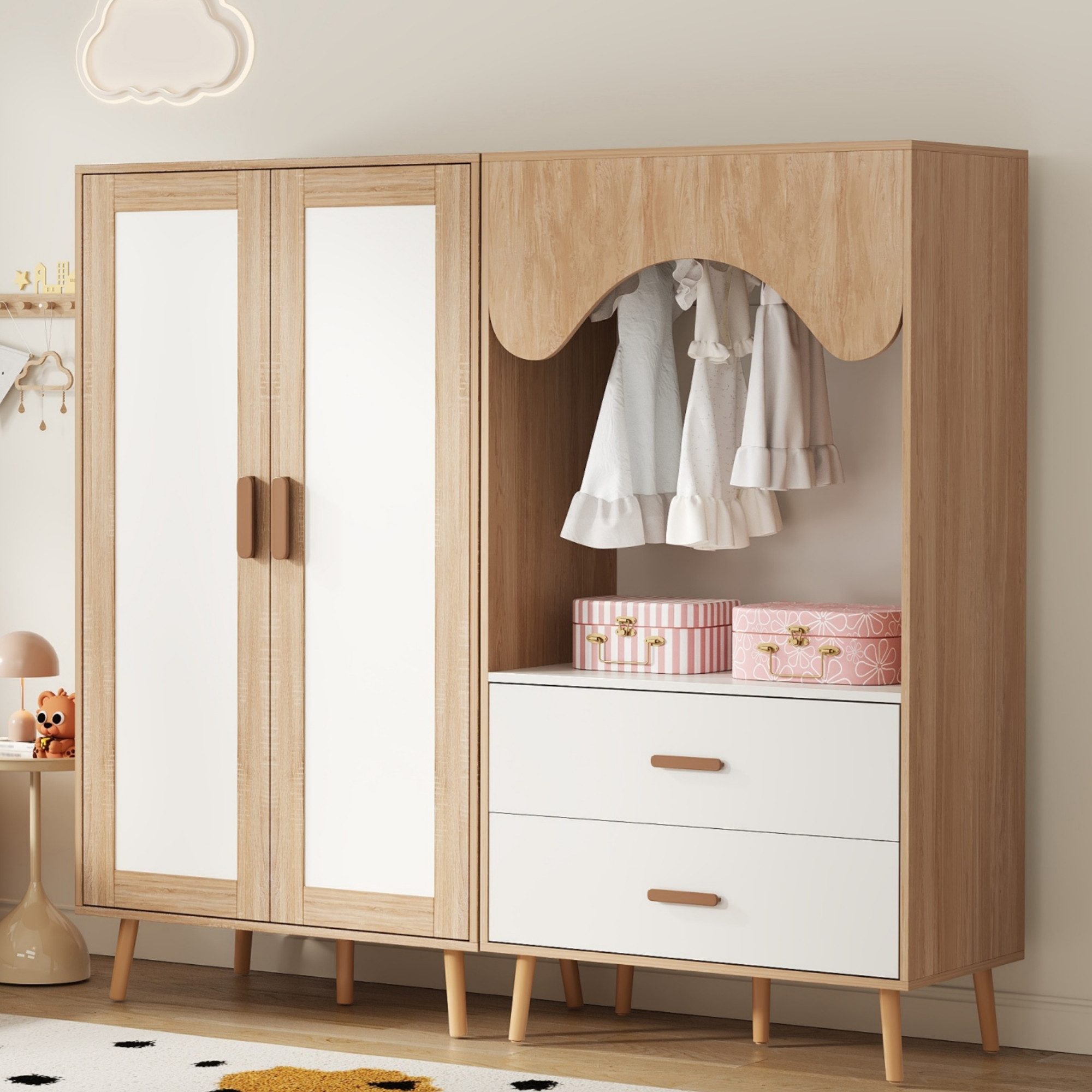 HAUSS SPOLE Kleiderschrank 2-tlg mit Kleiderstange,Garderobe Kleiderschrank mit Schubladen,Holz (Doppel-Schrank-Design mit offenem und geschlossenem Stauraumsystem, 2-St) 160x46x141,5 cm,Weiß und Holzfarbe kombiniert