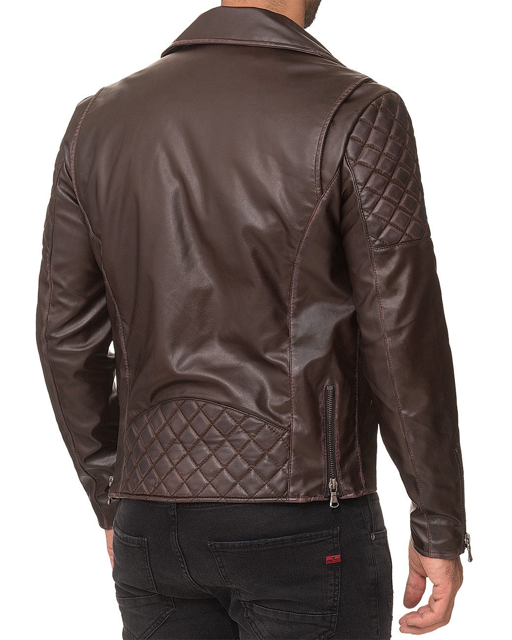 Reichstadt Lederjacke Herren Regular Fit Kunstleder Gunmetal Zipper RS007 PU Gesteppter Schulter- und Rückenbereich