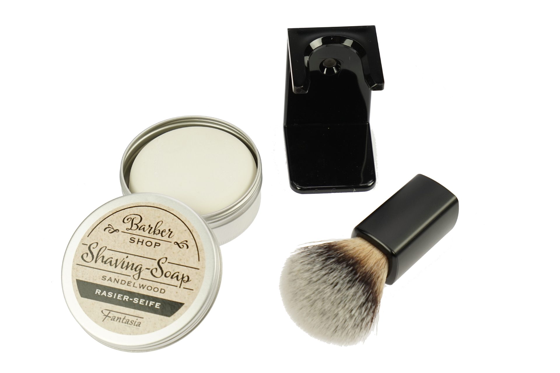 Fantasia Beauty Rasierpinsel-Set Rasierpinsel-Halter, Rasierpinsel Schwarz Synthetikhaar, Rasierseife, 1 tlg., schwarzer Kunststoffgriff, Synthetikhaar