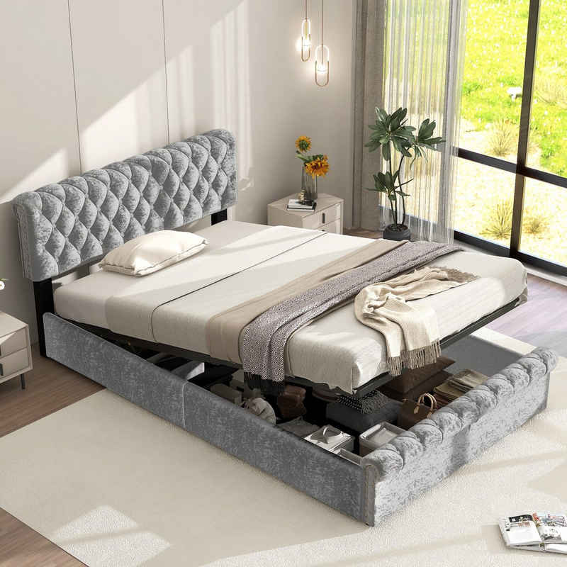 Ulife Polsterbett Einzelbett mit Lattenrost und Bettkasten, gepolsterter Kopfteil höhenverstellbar, 90x200 cm