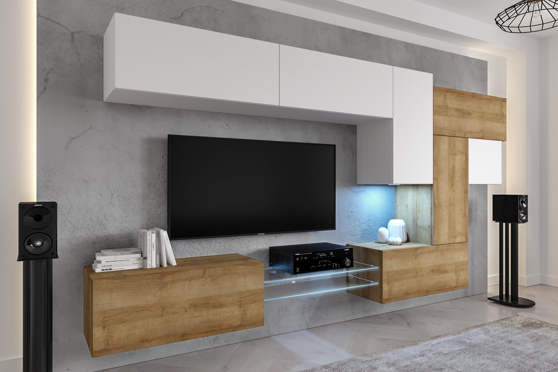 ROYAL24_MARKT Wohnwand - Moderne Wohnzimmer Wohnwand in Premium-Qualität, (Komplett Set, 10-St., NovaStyle), Elegantes Design - Beleuchtung - Qualität und Innovation Weiß-Gold Eiche - Matt