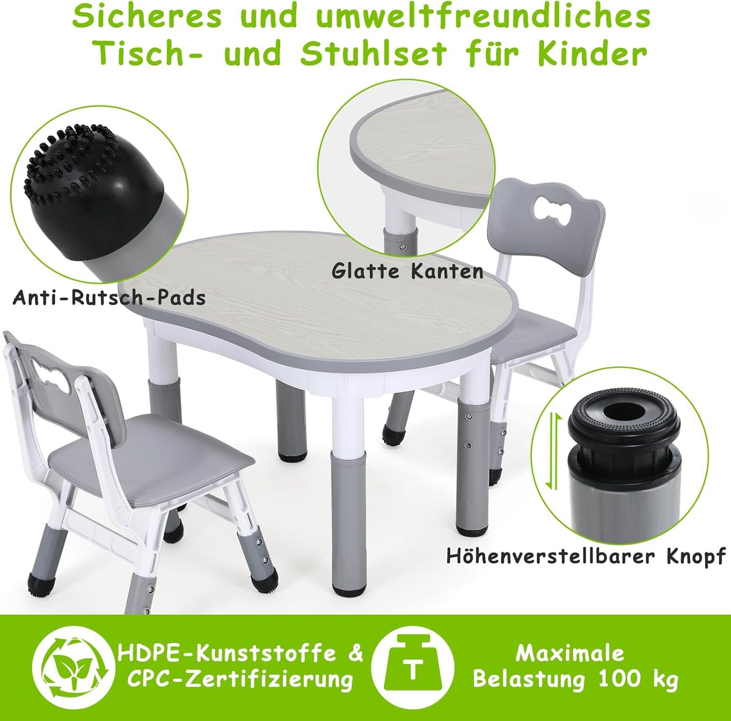 TLGREEN Kindertisch Kindersitzgruppe Höhenverstellbar, Maltisch Kinder Tisch Stuhl Set (Kindertisch und Stuhlset für Essen Spielen), Maltisch für Klassenzimmer Kindergärten