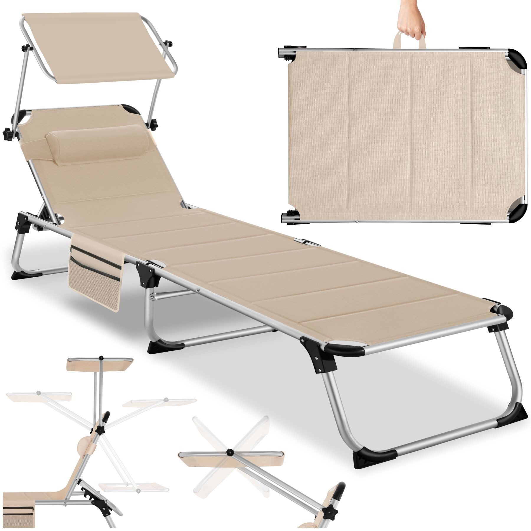 tectake Gartenliege klappbare Aluminium Sonnenliege, 220 x 60,5 x 34 cm, mit, Balkonliege Lorella, 1 St., für Außen in Beige, gepolstert, wetterfest und UV-beständig, verstellbar mit Kopfpolster