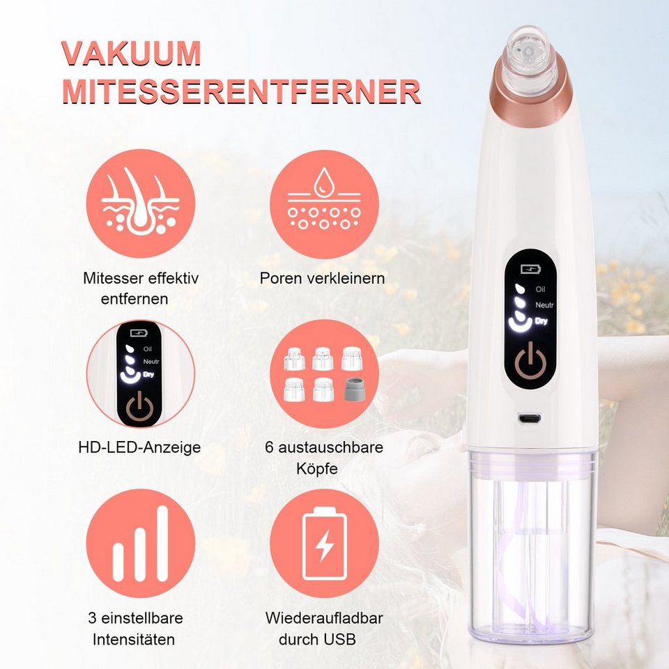 oyajia Mitesserentferner Porensauger Pickelentferner Blackhead Remover  Vakuum Mitesser Sauger, 3 Saugmodi Vakuumsauger Mitesser Entferner, 6  Austauschbare Saugköpfe