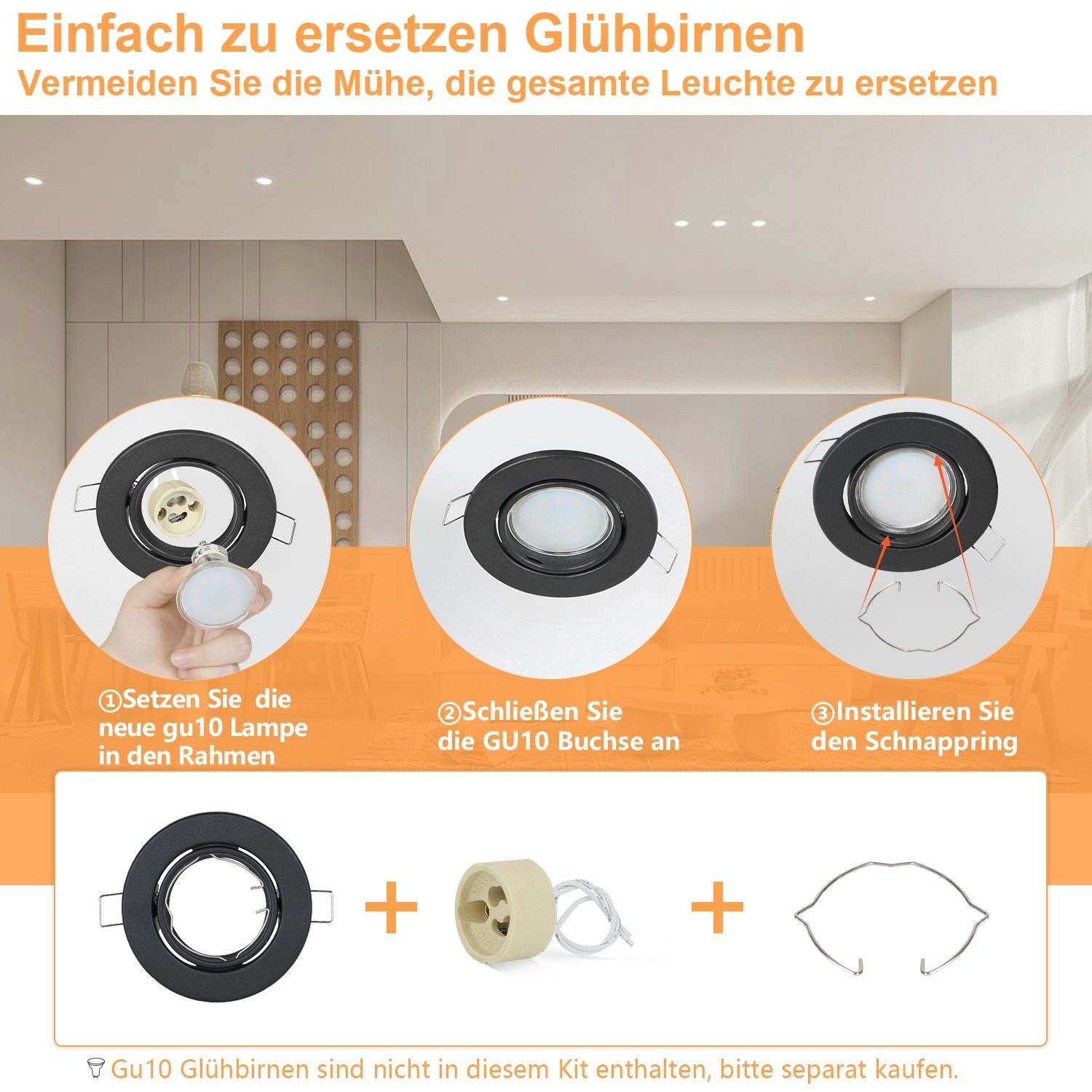 Leuchtmittel GU10 30° schwarz mit Halogen, Fassungen ZMH ohne Einbauleuchte 6er Spot LED